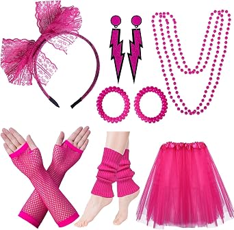 80s Costumes for Women, 1980s Accessories Party Cosplay Outfit | Lightweight Tutu Skirt, Mesh Fishnet Gloves, Elastic Knit Leg Warmers, Exquisite Headband, Retro Sets, Birthday Dance Dress