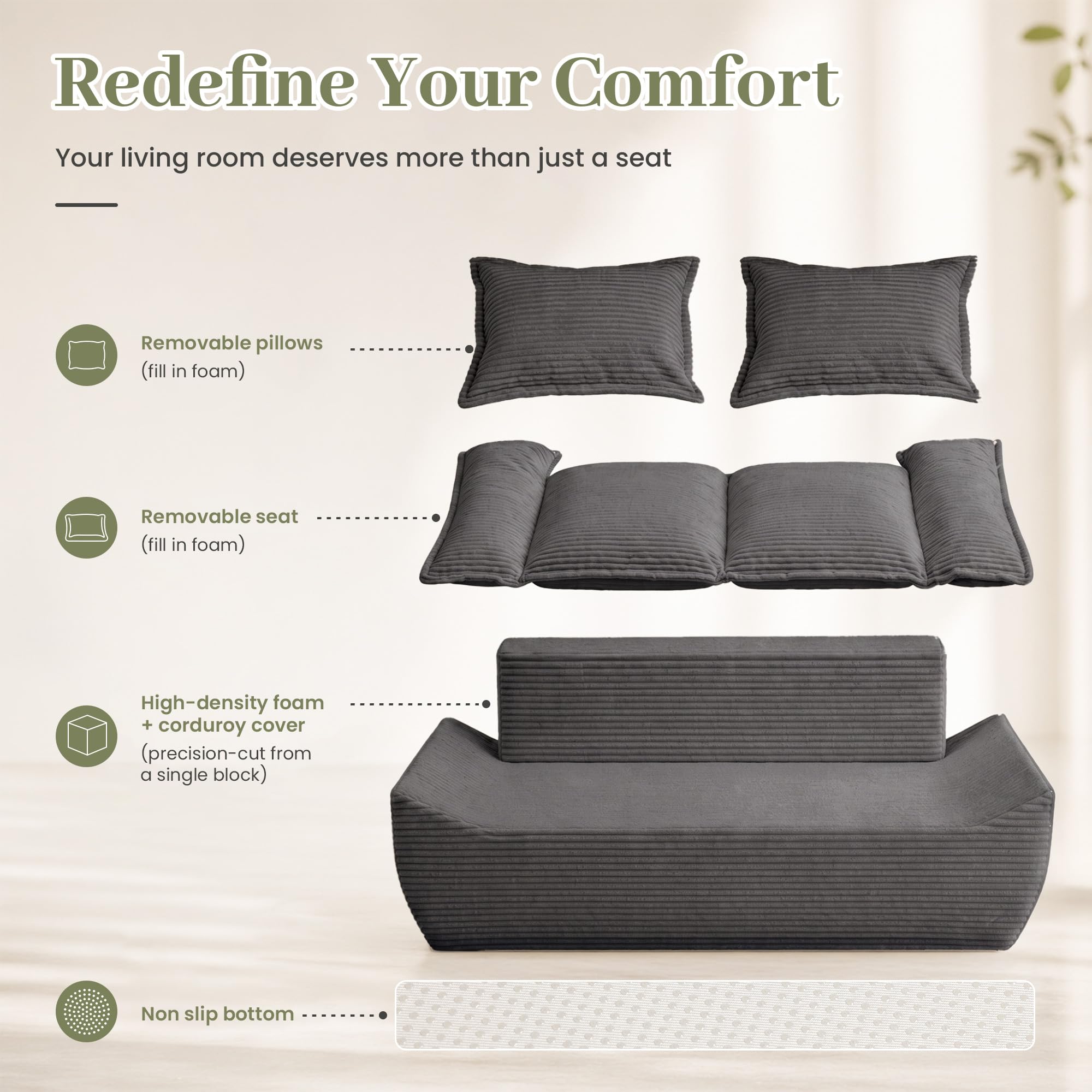 55" Convertible Corduroy Sofa Bed, Boneless Foldable Loveseat Sleeper Couch, Compressed Foam Floor Sofa with Removable Cushions & Pillows for Small Space Living Room