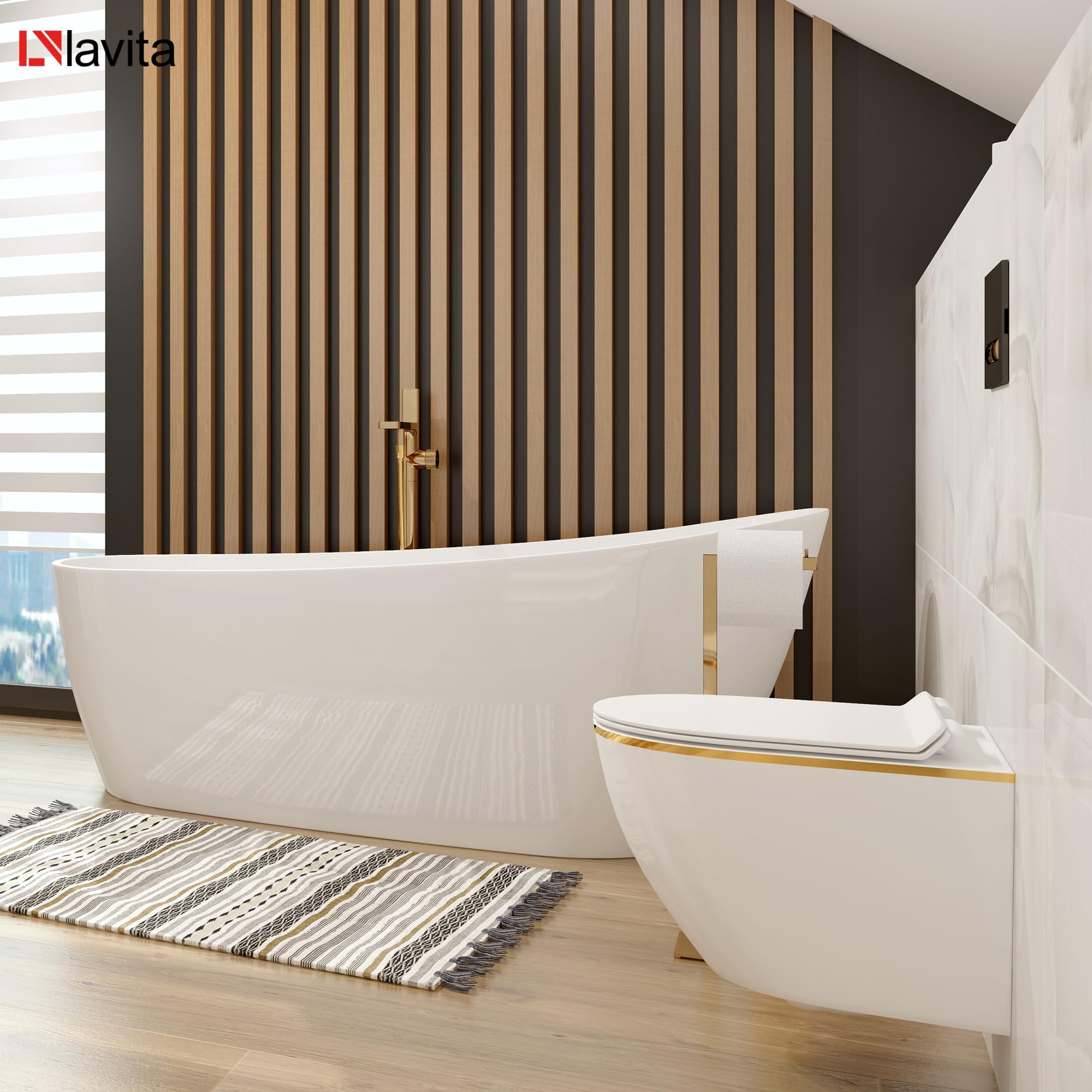 LAVITA WC mural suspendu avec siège de toilette, couvercle de toilette avec système d'abaissement automatique et charnières en métal Sans rebords, cuvette de toilette suspendue Sofi Slim Gold Line