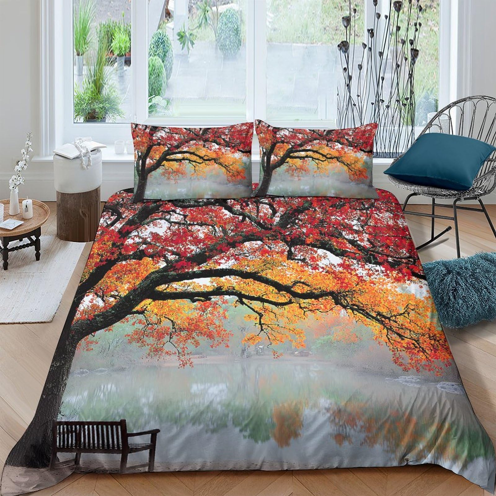 Ctjqhvkz Style-7 3D Printed Autumn Maple Fitted Sheet Microfiber Soft Anti-Slip Forest Landscape Mattress Cover For Bedroom Guestroom Decor Single（135X200cm）