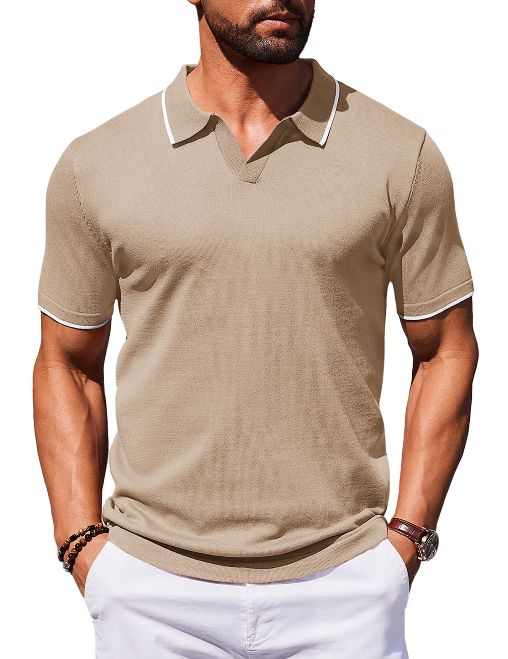 COOFANDY Herren Poloshirt mit V-Ausschnitt Kurzarm Feinstrick T Shirts Männer Polohemden Sommer Golf Tee Khaki XL
