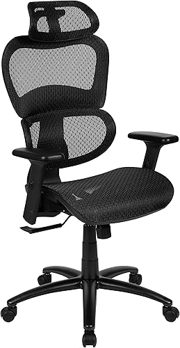 Flash Furniture LO Silla de oficina ergonómica de malla con inclinación sincronizada 2 a 1, reposacabezas ajustable, soporte lumbar y brazos