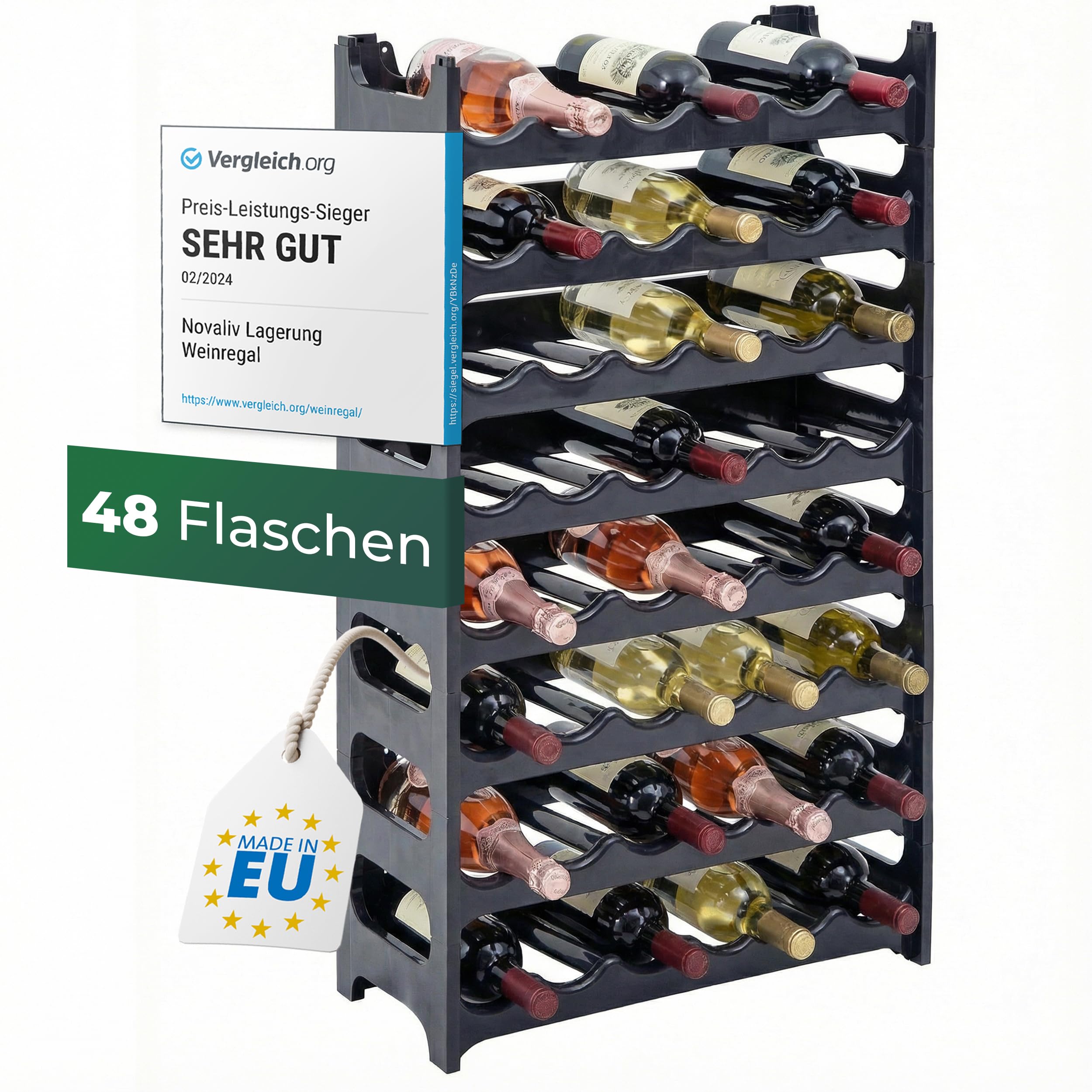 Novaliv - Scaffale portabottiglie per 48 bottiglie, impilabile, per vino, in plastica robusta, grigio antracite, 8