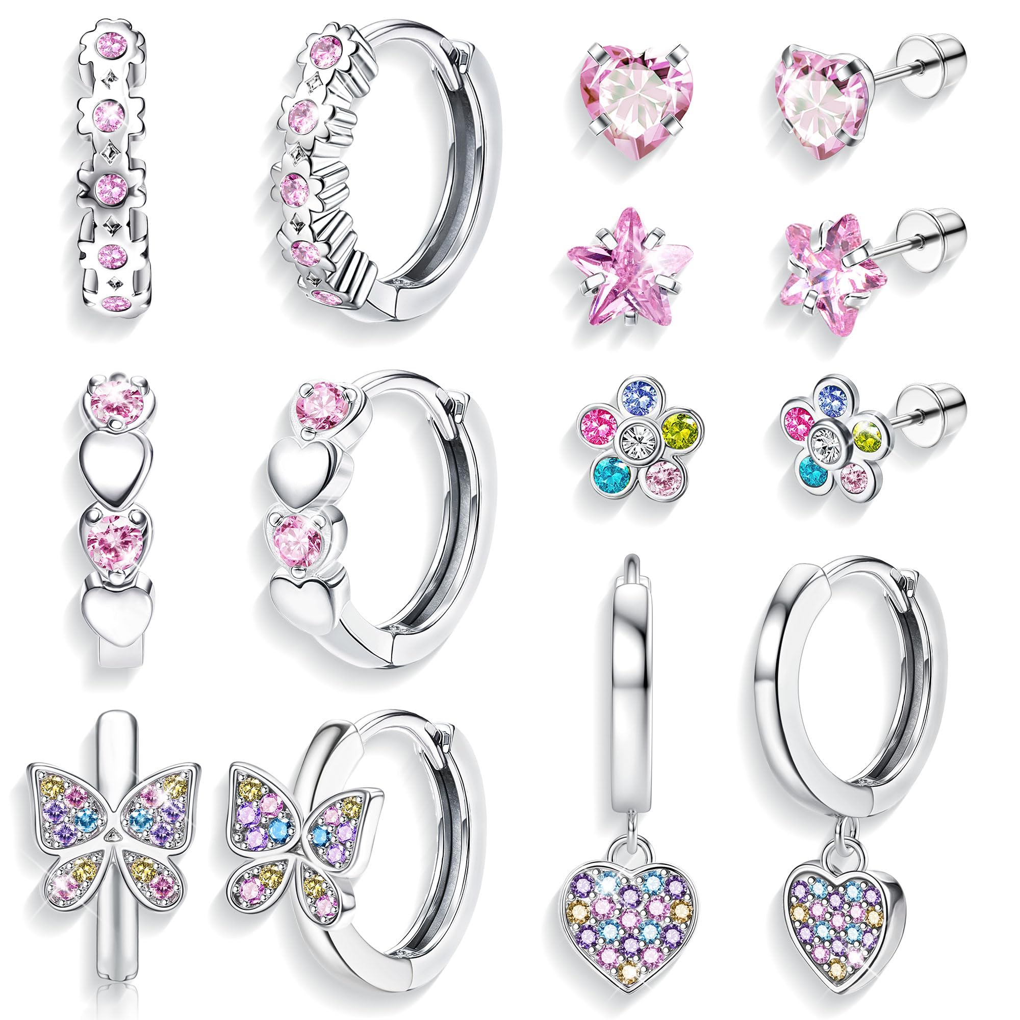 BESTEEL 7 Pairs Hypoallergenic Silver Huggie Hoop Earrings for Girls Women Small Surgical Steel Screwback Earrings Cute Dangling Earrings Pink Colorful CZ Screw Back Stud Earrings Set for Sensitive Ears Pink（over 3 years old）