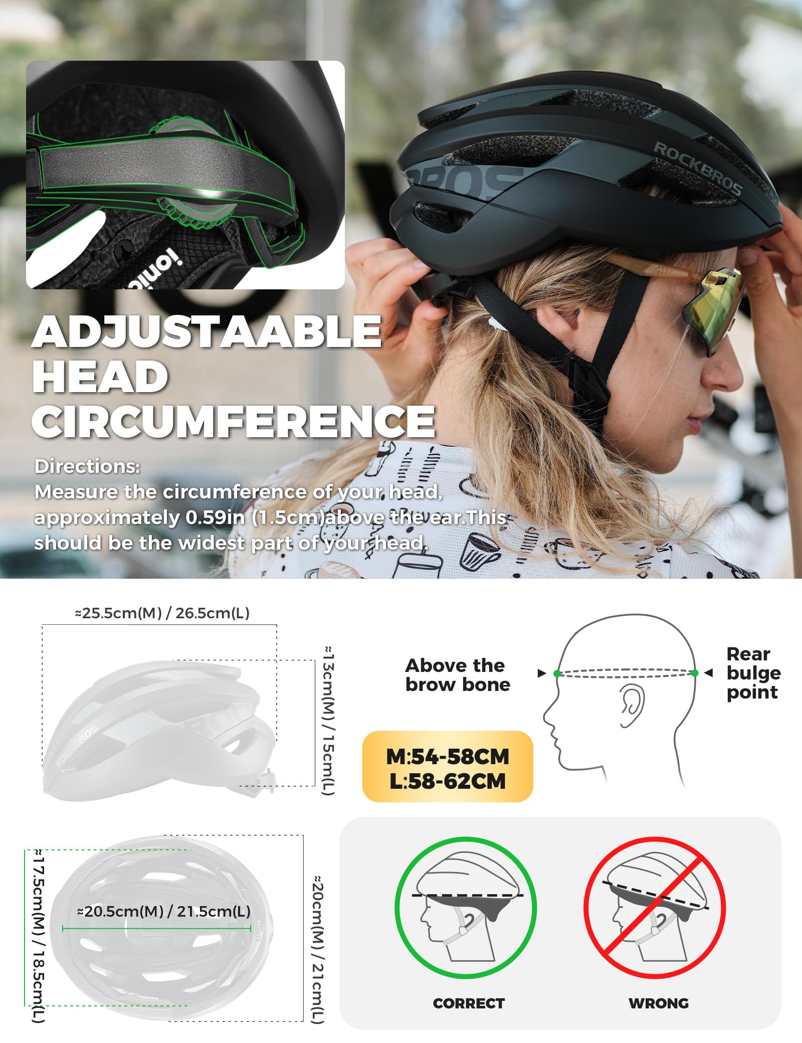 ROCKBROS Casco da Ciclismo Uomo Donna, Casco per Bici MTB, Protezione PC+EPS, Fodera ionic+, Traspirante Leggero, Certificato CE, Circonferenza 54-62 cm