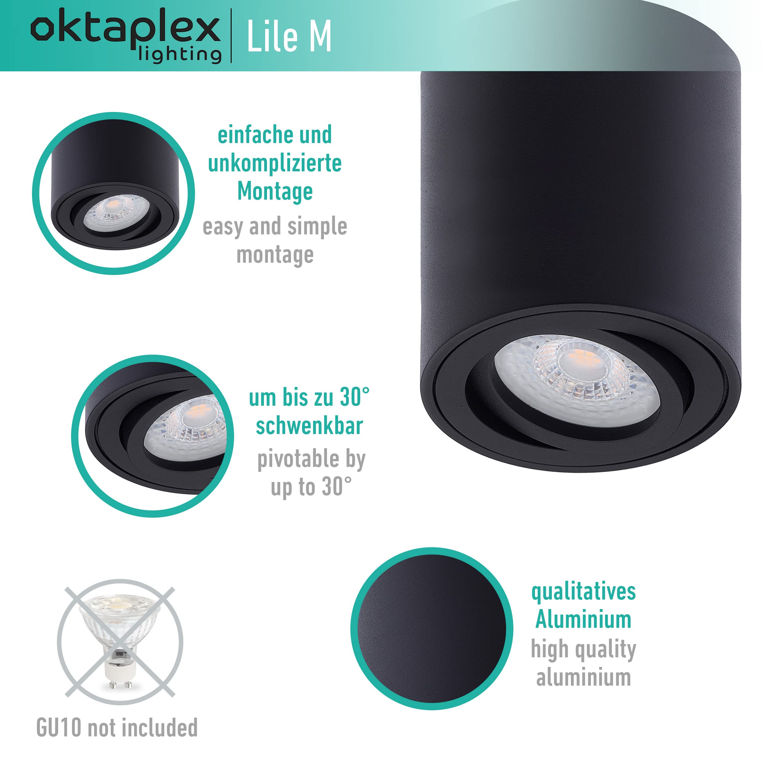 Oktaplex 12 sztuk reflektorów montażowych Lile M do GU 10 i modułów LED 230 V lampa montażowa aluminiowa okrągła LED reflektor do zabudowy czarny