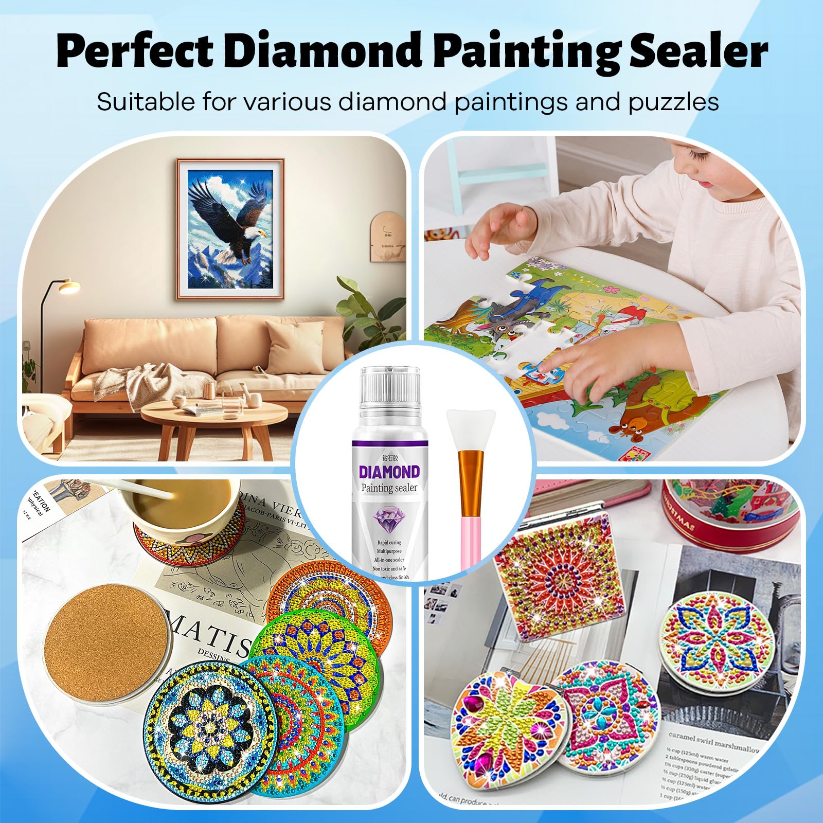 Yunnuo Kit sigillante per pittura a diamante, 240 ml, con 2 pennelli in silicone, confezione da 2 sigillanti per colla per pittura a diamante, accessori per finitura lucida, permanente per pittura con