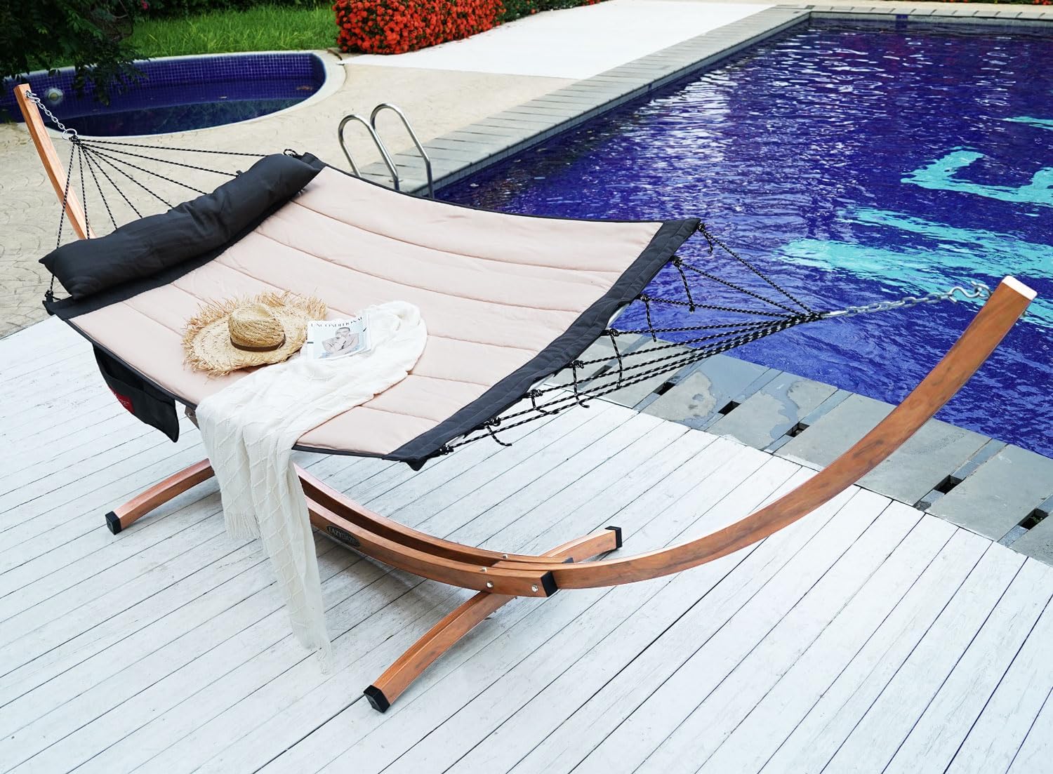 Lazy Daze Hammocks 13.5 Ft Arc Heavy Duty Steel Hammock Stand with Chains, 2 Person Weather-Resistant Curved Stand for Outside, Backyard, Patio, 500 Lbs Capacity, Wood Grain