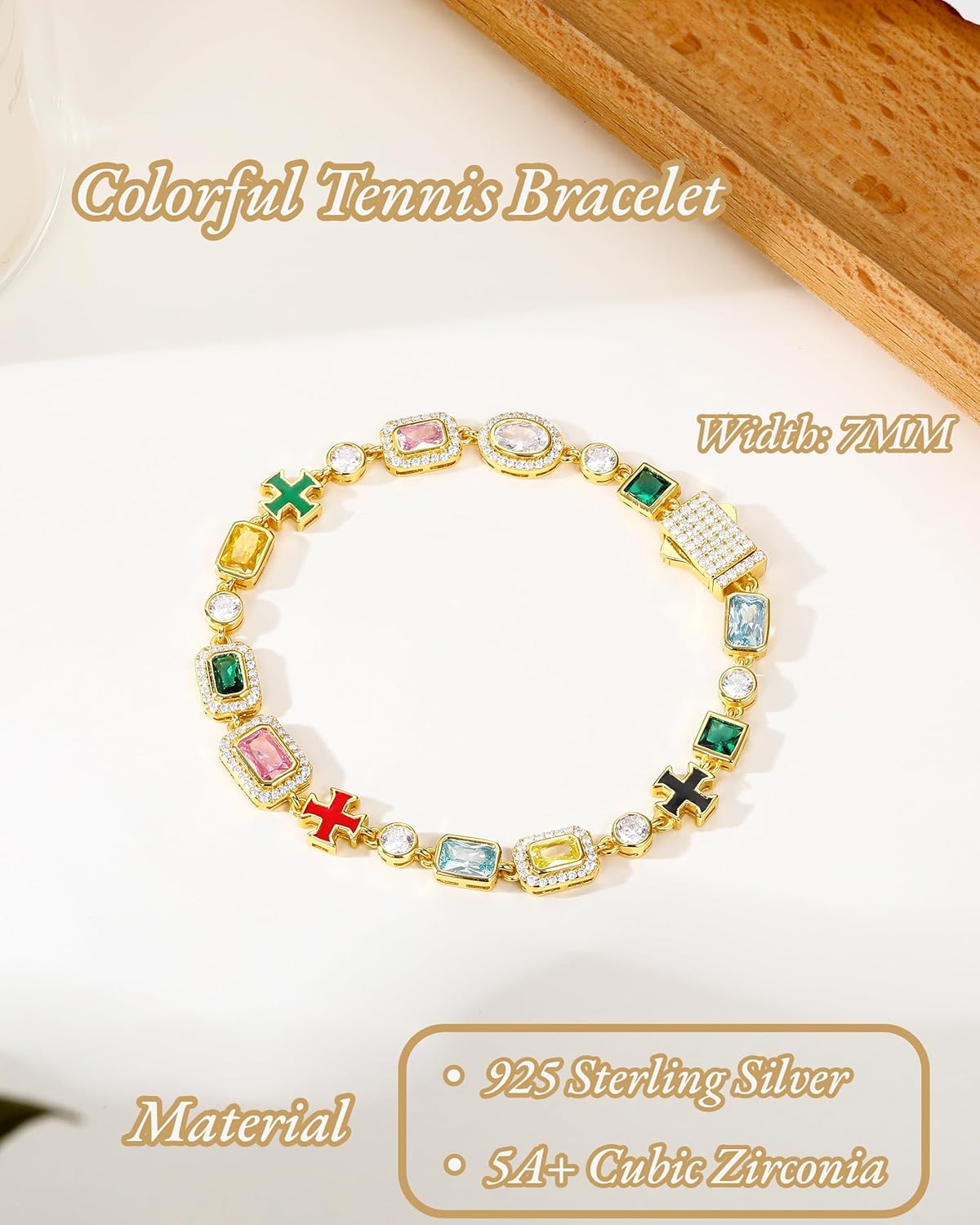 925 Sterling Silver Tennis Bracelet For Women Men 18K Gold Plated Multi-Color Cubic Zirconia Colorful Gemstone Bracelet, Hypoallergenic, 7MM, 6.5-8.5Inches- Birthday Valentines Day Gifts For Her Him