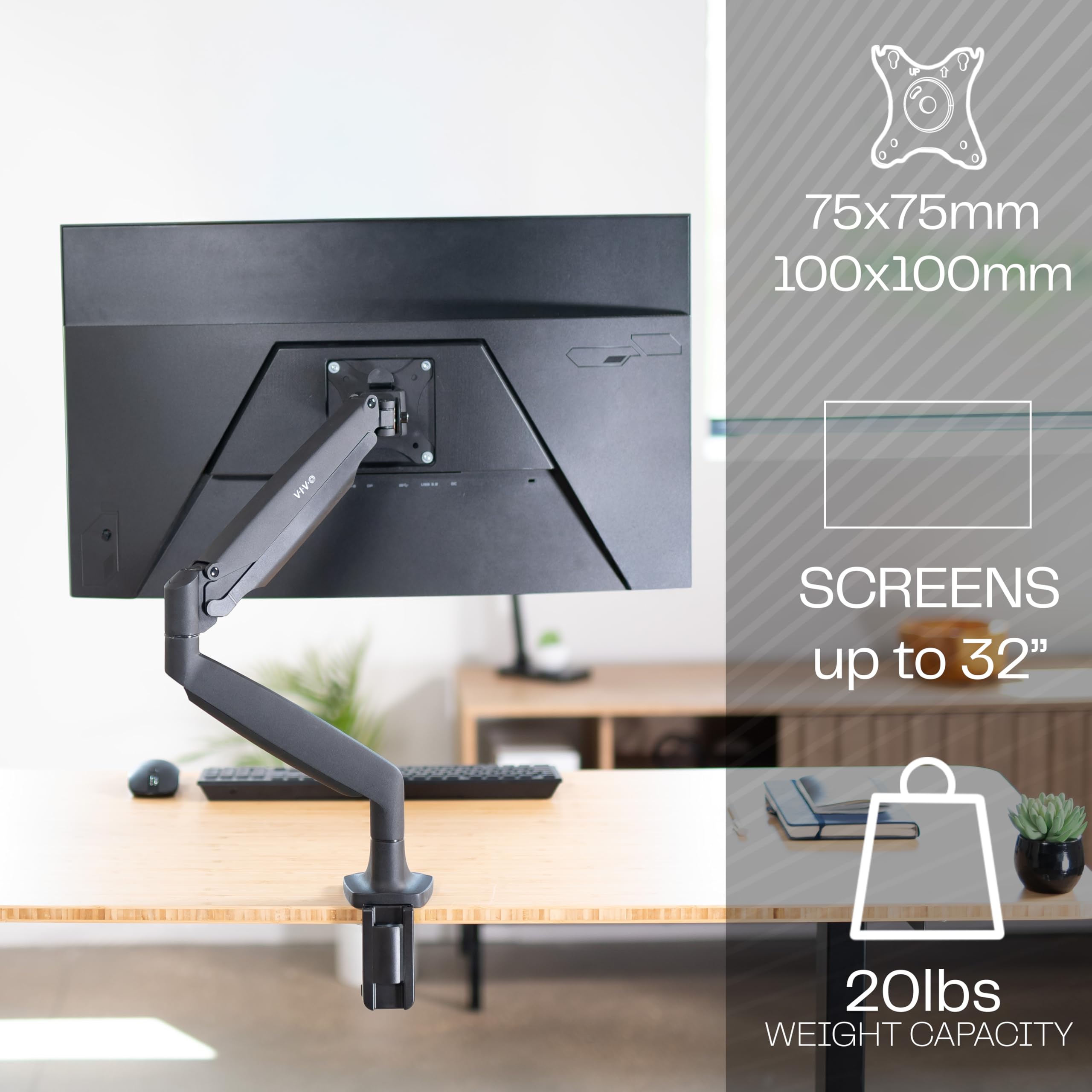 VIVO STAND-V001Q - Supporto da scrivania articolato per monitor singolo, in alluminio, regolabile in altezza, con braccio pneumatico, adatto a schermi fino a 32"