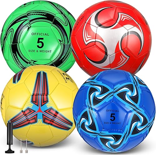 Miniatura 1 de Tradder Paquete de 4 pelotas de fútbol de Navidad a granel con bomba de tamaño 3, 4, 5, pelotas de fútbol desinfladas para deportes al aire libre,