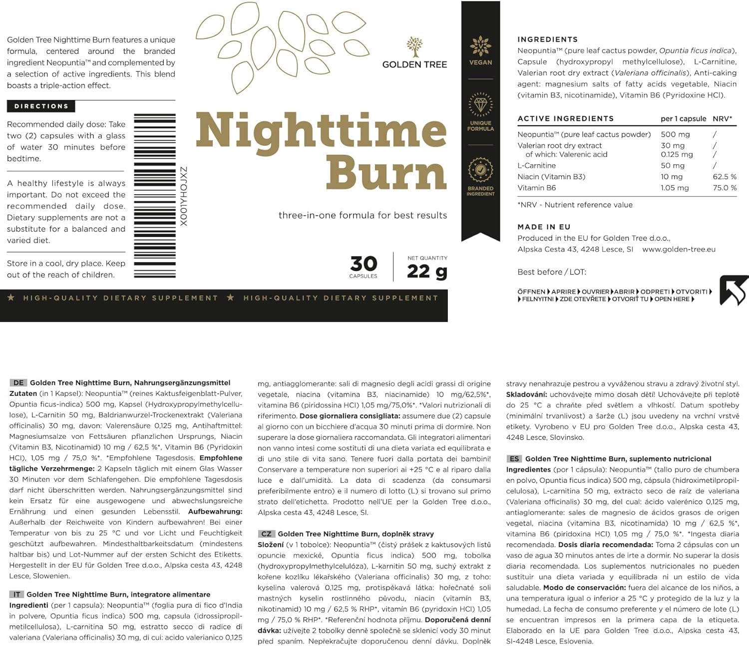 Golden Tree Nighttime Burn – Ballaststoffe Kapseln, 30 Stück | Kaktusfeige, Vitamin B3, Vitamin B6, Baldrianwurzel, L-Carnitin, Koffeinfrei