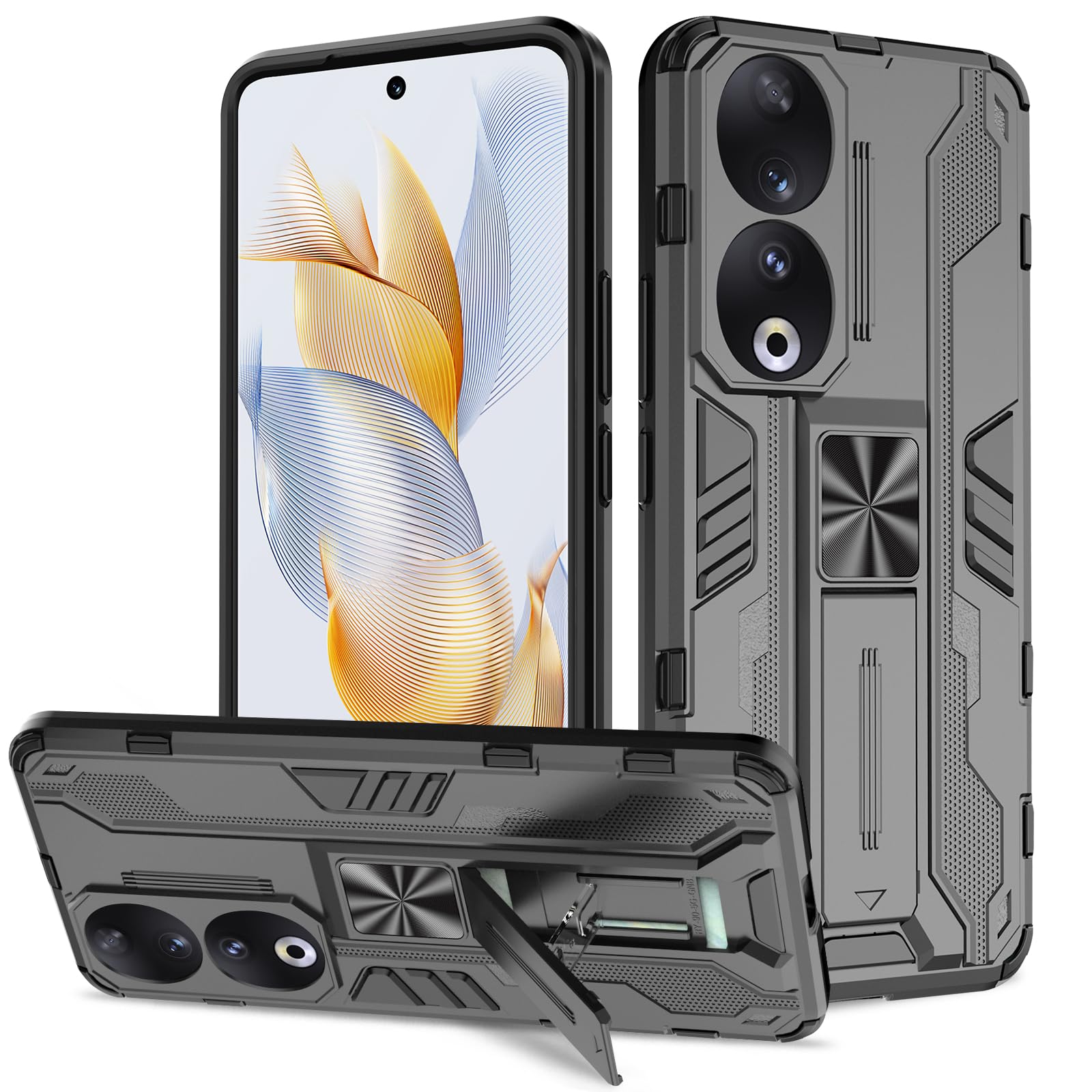 Btstring Cover per Honor 90, Militare Custodia con Stand Supporto Bumper Antiurto Case, Hard PC Back Cover e TPU Bumper AntiGraffio Antiurto Case- Nero