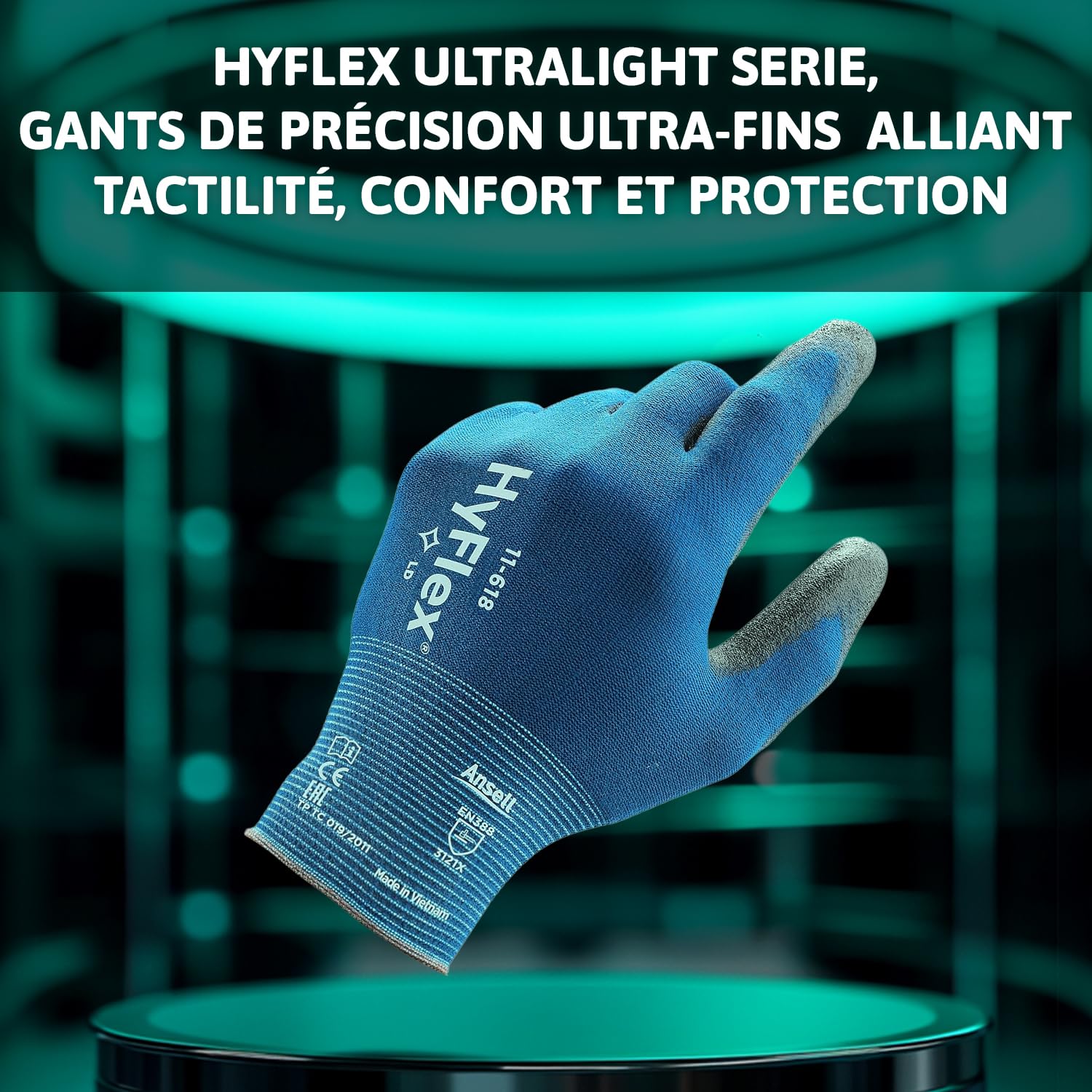 Ansell HyFlex 11-618, Gants de travail L pour manipulations de précision, Revêtement PU, Compatibles écran tactile, Bleus, 12 paires