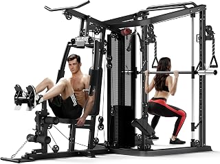 Home Gym System Workout Station, Multifunction Smith Machine with 150LB Weight Stack, Leg Press, LAT Station for Full Body Strength Training