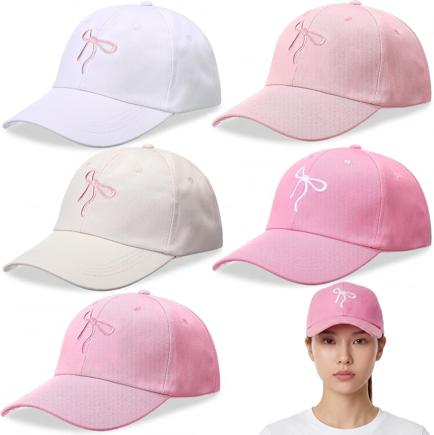 Hercicy 5 Pcs Bow Baseball Cap for Women and Men, Cute Adjustable Y2k Fashion Coquette Bow Hat Trucker Hat Accessories for Hiking Travel Sports
