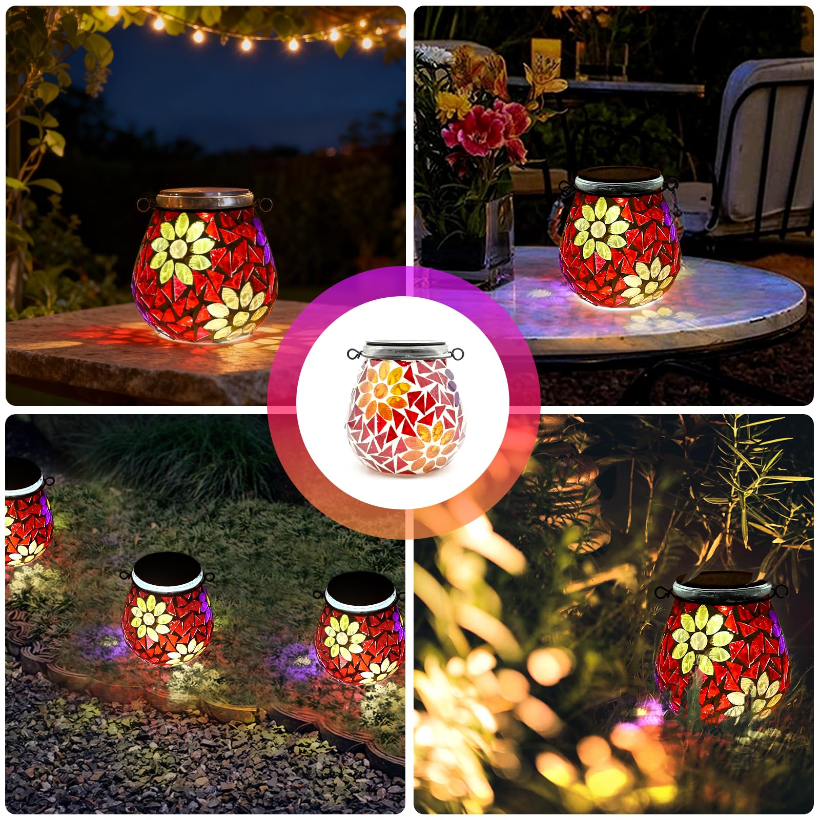 1 lanterna solare a mosaico ovale per esterni, in vetro On/Off, lanterna da tavolo, impermeabile IP65, resistente all'acqua, per prato, vialetto, patio, terra, stagno, fiori,