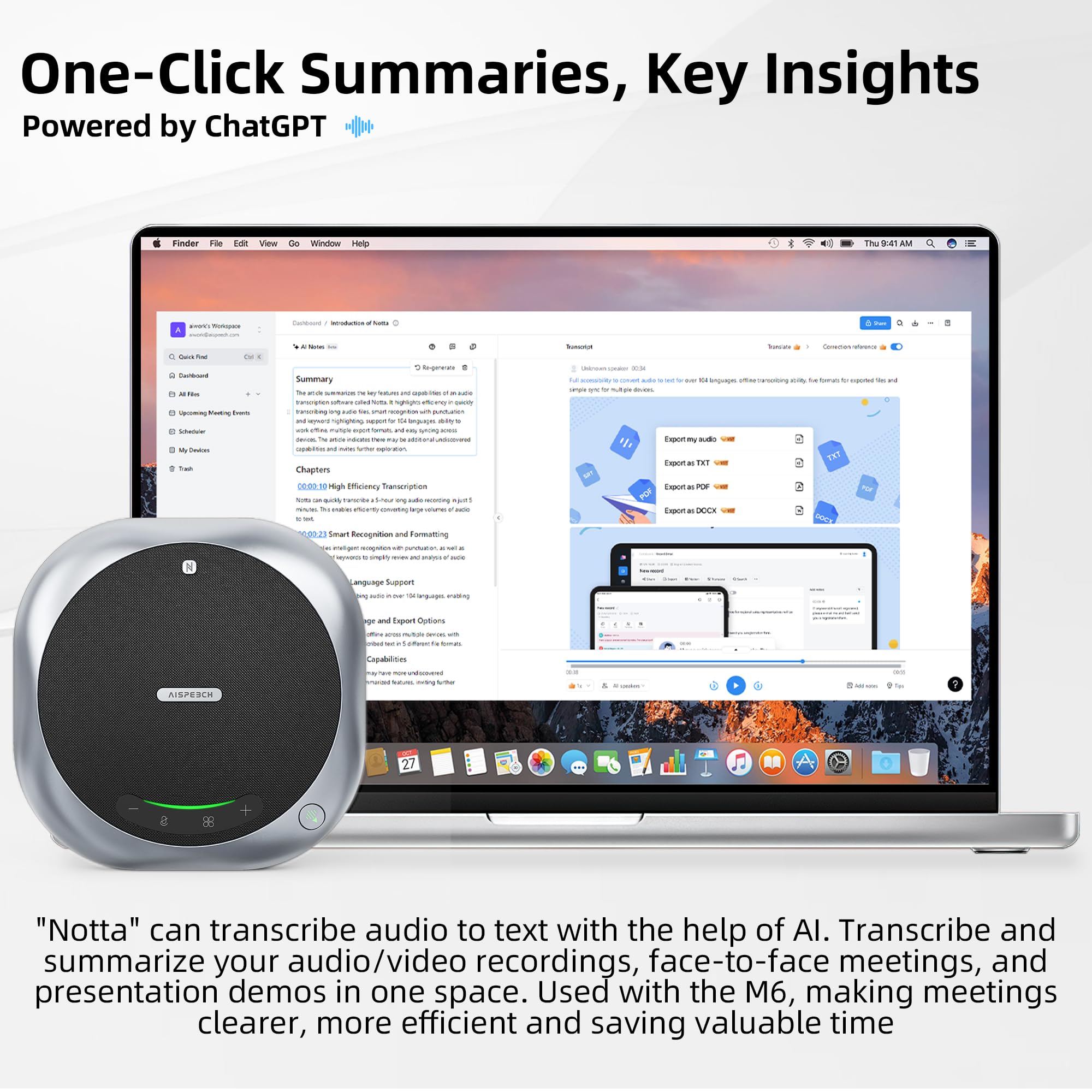 Vivavoce da conferenza M6 con riduzione del rumore AI, trascrizione e riepilogo potenziato da ChatGPT, supporto per archiviazione cloud infinita 60 lingue, uso 25H, pickup vocale