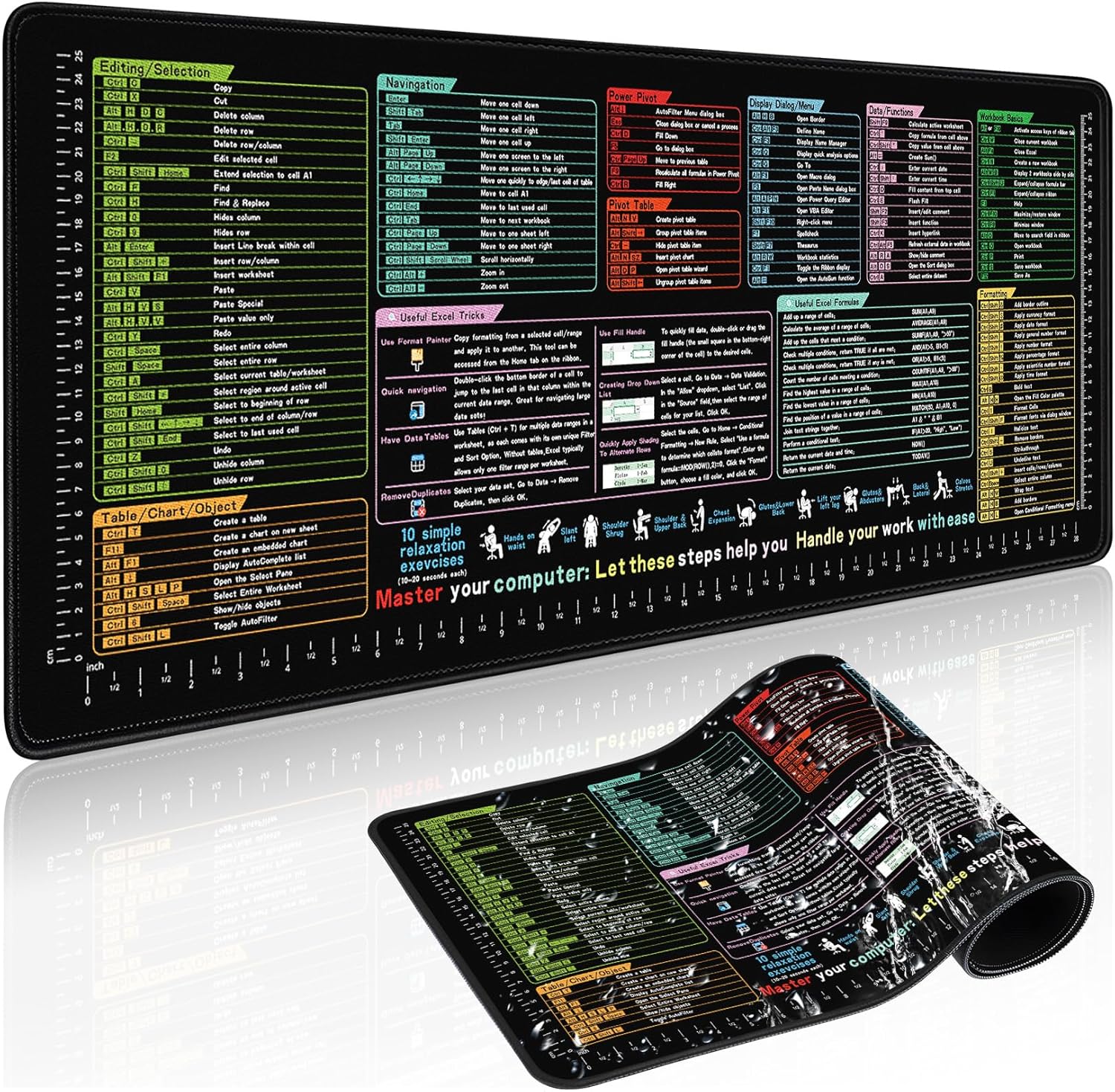 Excel/Word/Photoshop/Gmail/Windows/Midjourney Shortcut Keys Mouse Pad - Large XL Cheat Sheet Gaming Mousepad,PC Office Spreadsheet Keyboard Mat,Non-Slip Stitched Edge (Excel with 13 Light Modes)