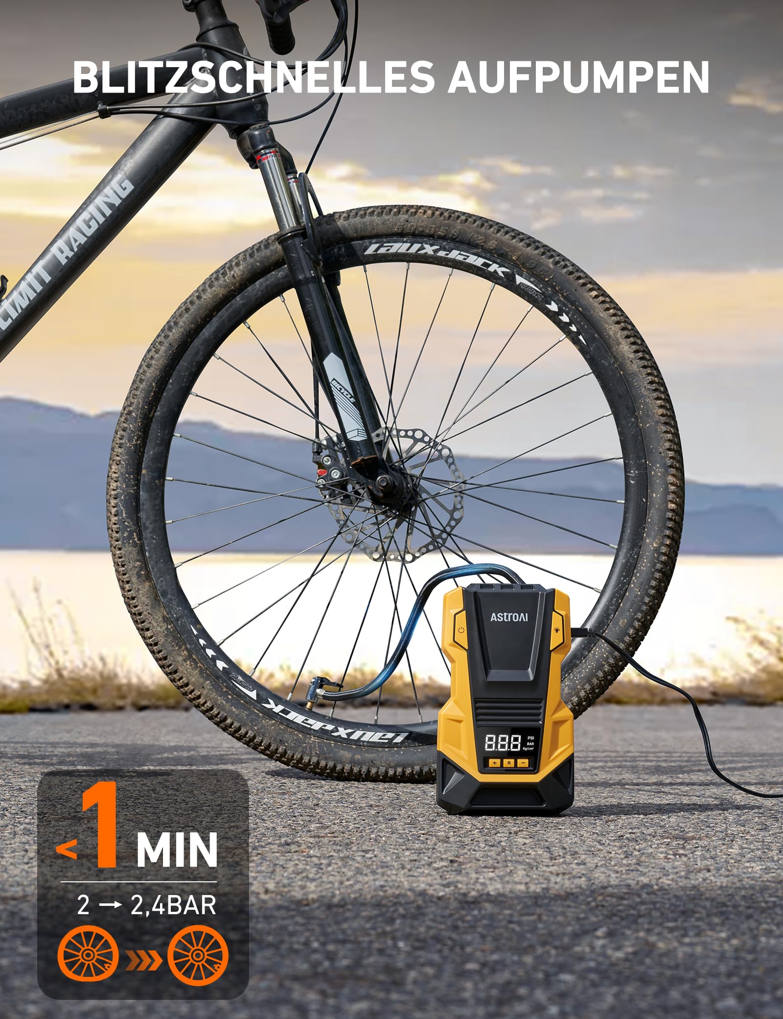 AstroAI 2 in 1 Kompressor Auto, Luftpumpe Auto 12V 230V, 10,3 Bar Autoreifen Pumpe mit AC/DC-Dual-Stromversorgung und Langlebiger Metallmotor für Autos,Fahrräder, Motorräder, Bälle, Gelb