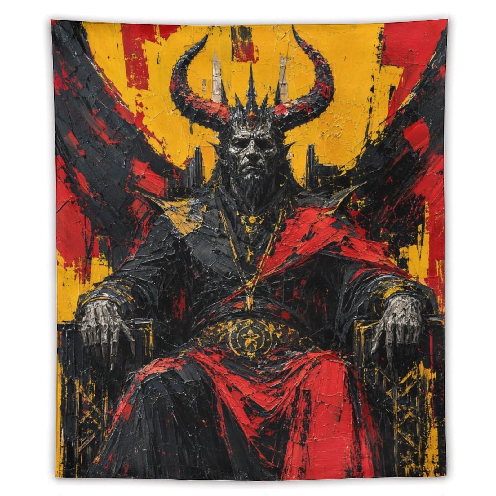 W7C8U2X3 Dark Horned King Wall Tapestry, Gothic Oil Style, Fantasy Villain