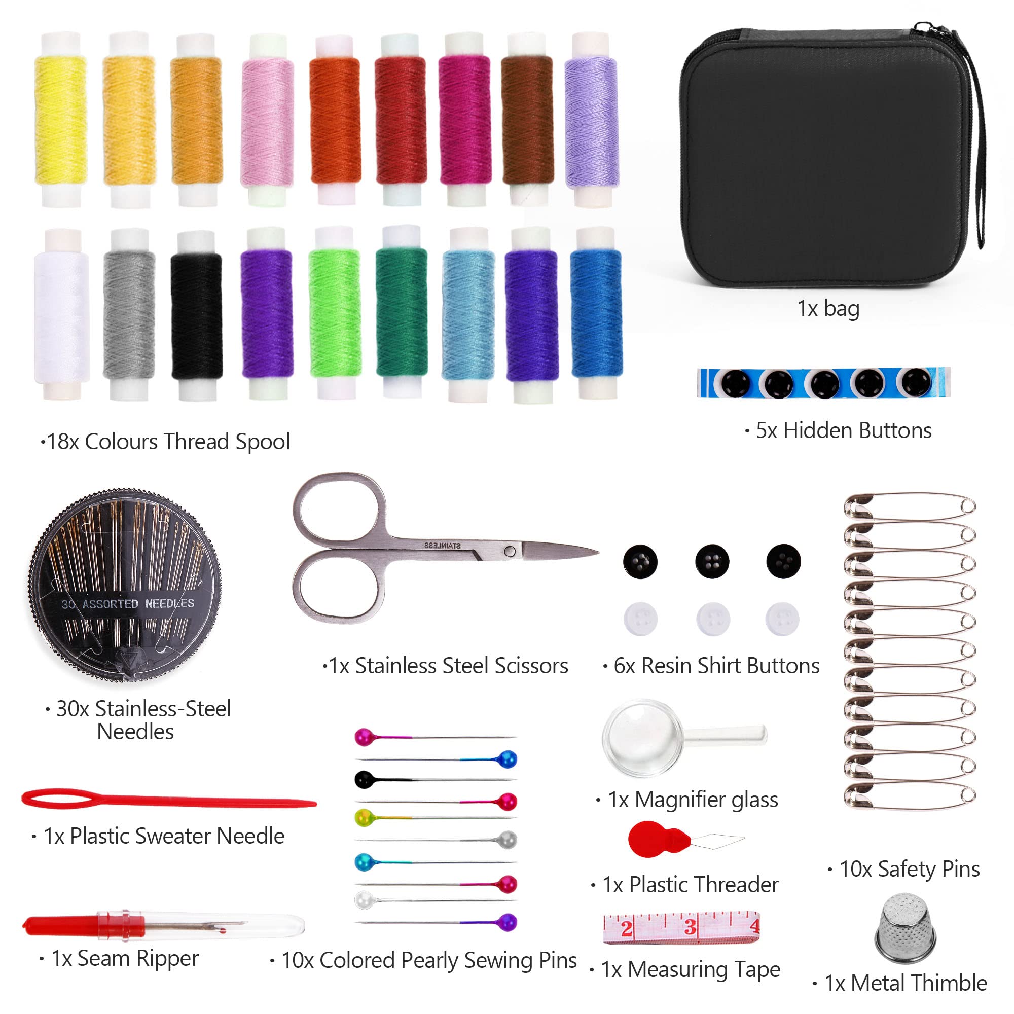 AUERVO Sewing Kit, Mini Sewing Kits 87PCS Thread and Needles Set for Adults, DIY,Home, Travel & Emergency with Compact Small Black Zipper Case — view 6