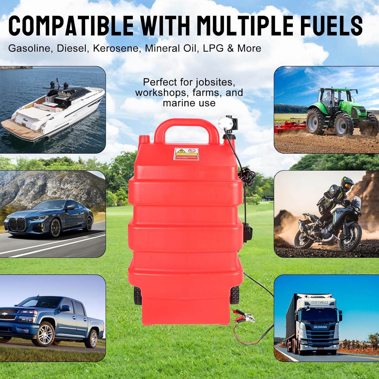 16 Gallon Portable Fuel Caddy Tank with 12V DC Electric Transfer Pump for Gasoline, Diesel, Kerosene, Fuel Transfer Tank with Wheels for Lawn Mowers, Boats, ATVs & Generators