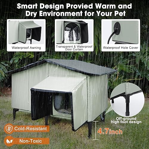 Heated Cat House Outdoor Cat House Insulated Large Elevated Weatherproof Feral Cat Shelter with Heated Pad, All-Round Insulated Cotton and Aluminum Foil Cat Shelter for Winter