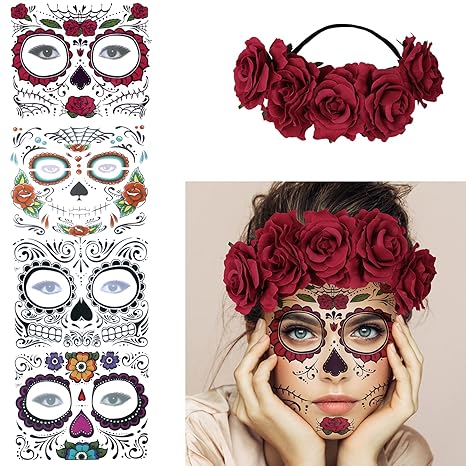4 Kits Day of the Dead Sugar Skull Temporary Tattoos Makeup Face Tattoo for Men and Women with 1 Rose Red Flower Crown Headband for Halloween Costume