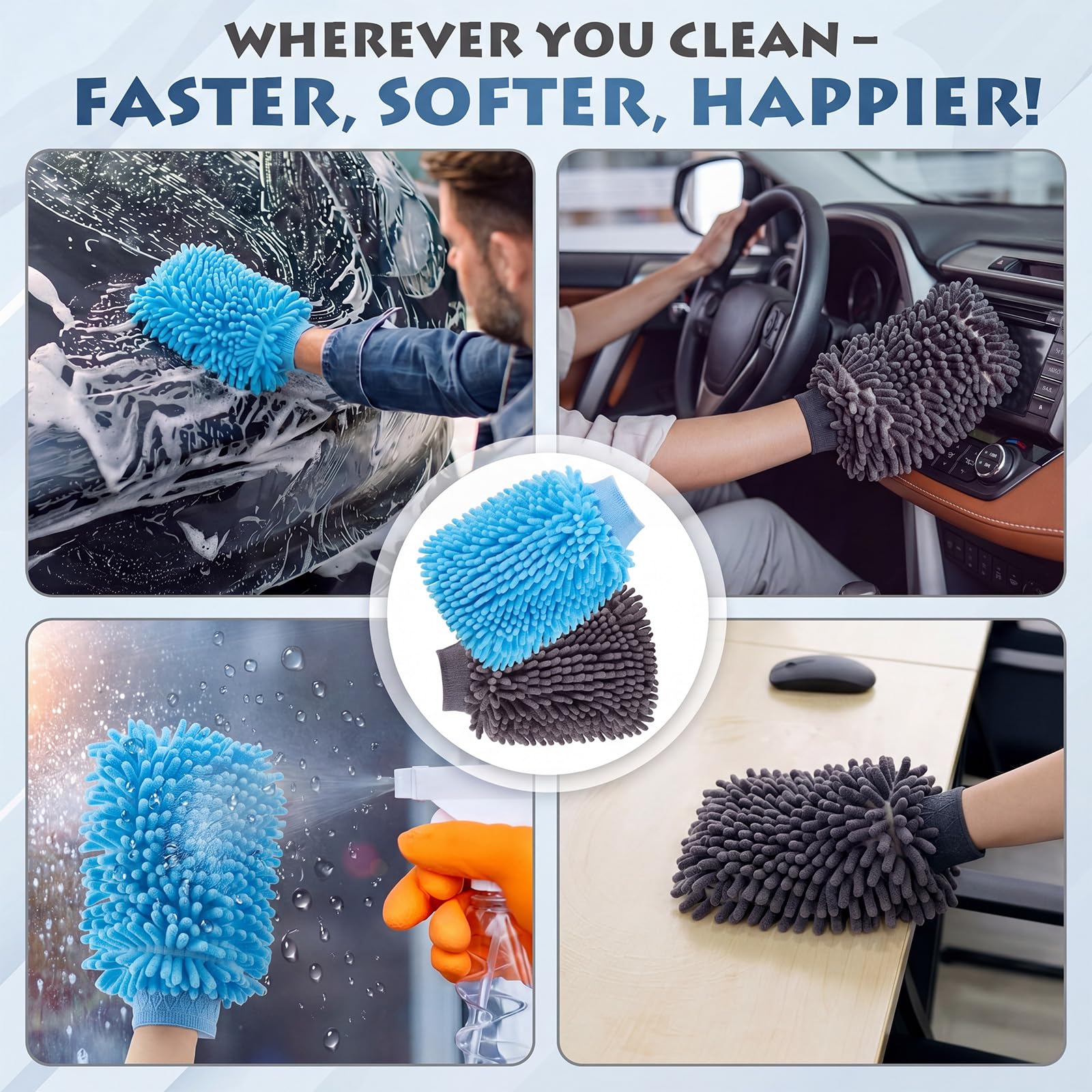 Patelai 30 Stück Autowaschhandschuhe, Mikrofaser, kratzfreie Details, Chenille, Autowaschhandschuhe, doppelseitig, saugfähig, Autoschwamm zum Waschen, Reinigen, LKWs, Boote, 24,9 x 15,9 cm (Grau, Blau