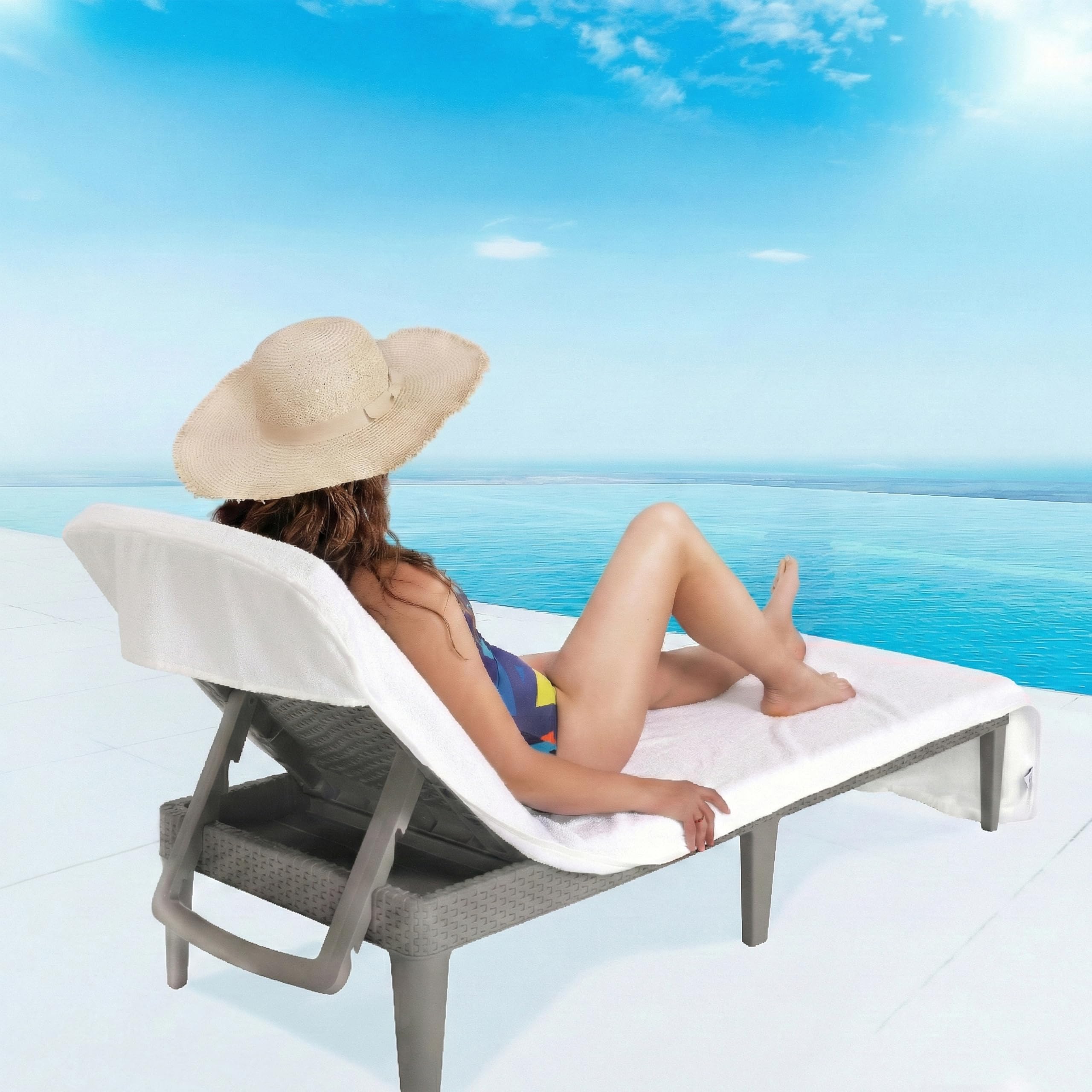 American Soft Linen Chaise Lounge Covers with Pocket, 86"x32" Oversized Beach Pool Lounge Chair Towel, White