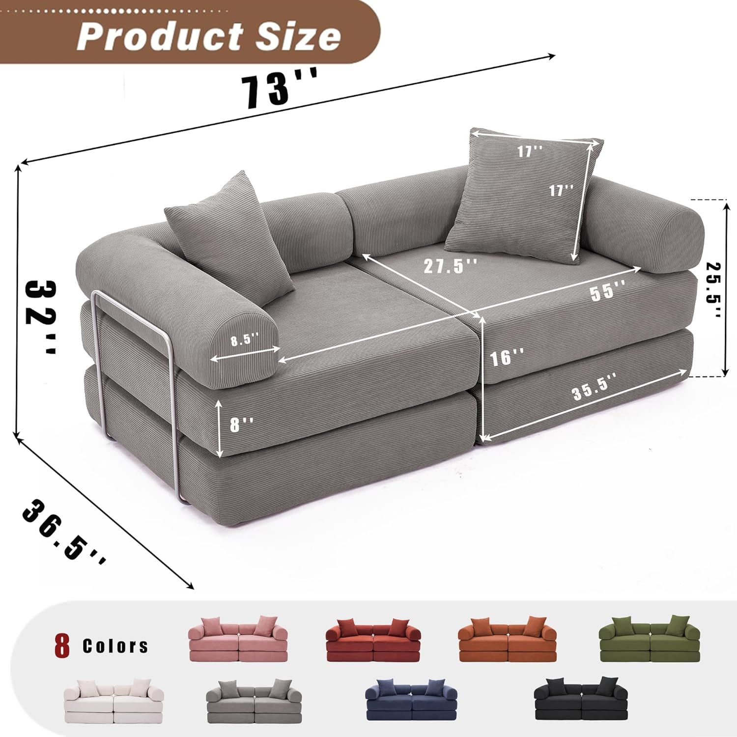 73" Convertible Sleeper Sofa Bed with Fixed-Shape Frame, Corduroy Modular Folding Loveseat Couch with 2 Pillows, Modern Floor Sofa Couch for Living Room, No Assembly, Dark Gray