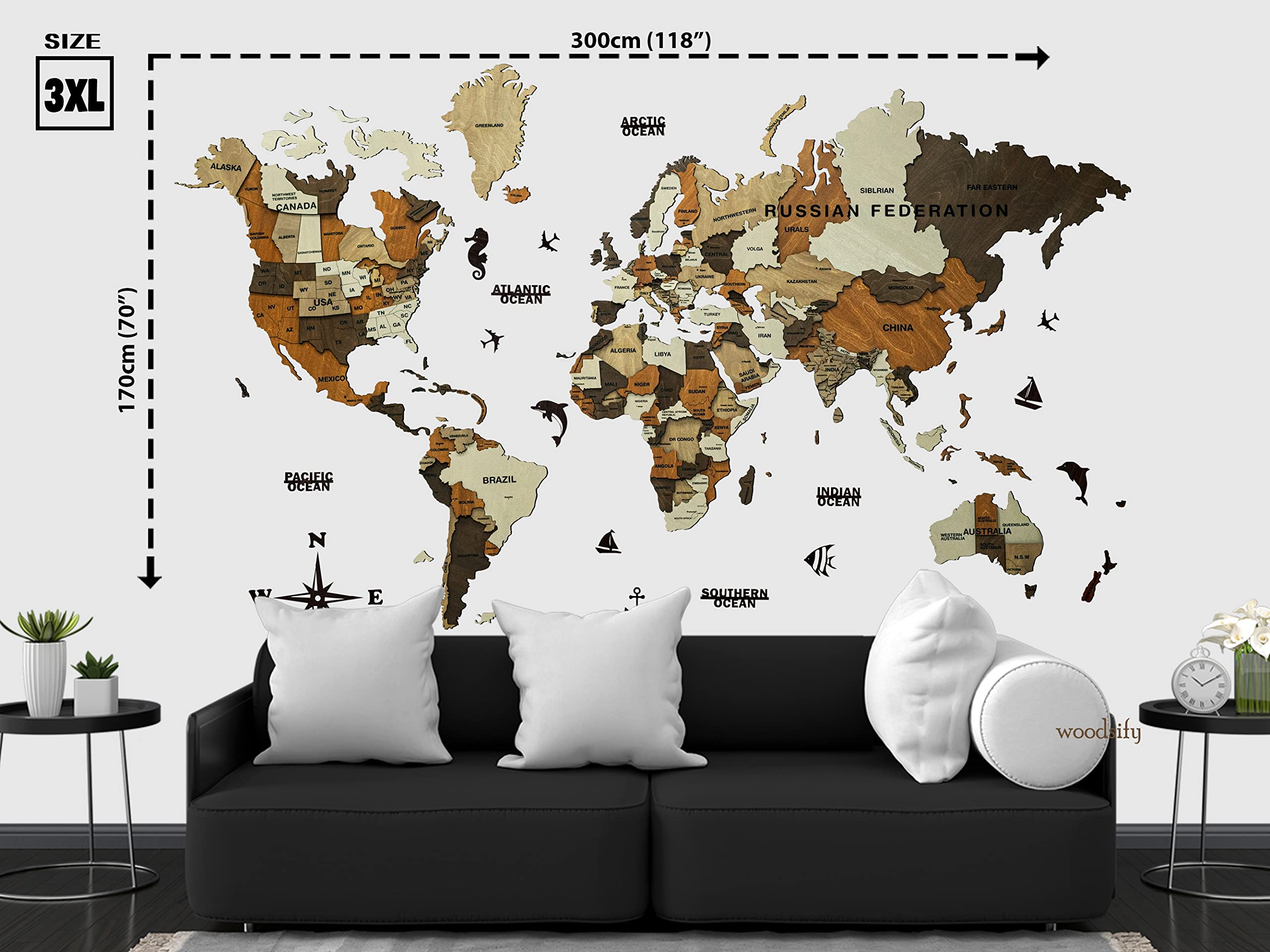 Woodsify 3D Wooden World Map for Office and Home Wall Decor | Travel Map Gift for Diwali (Medium, 43"x24" Inch) 3
