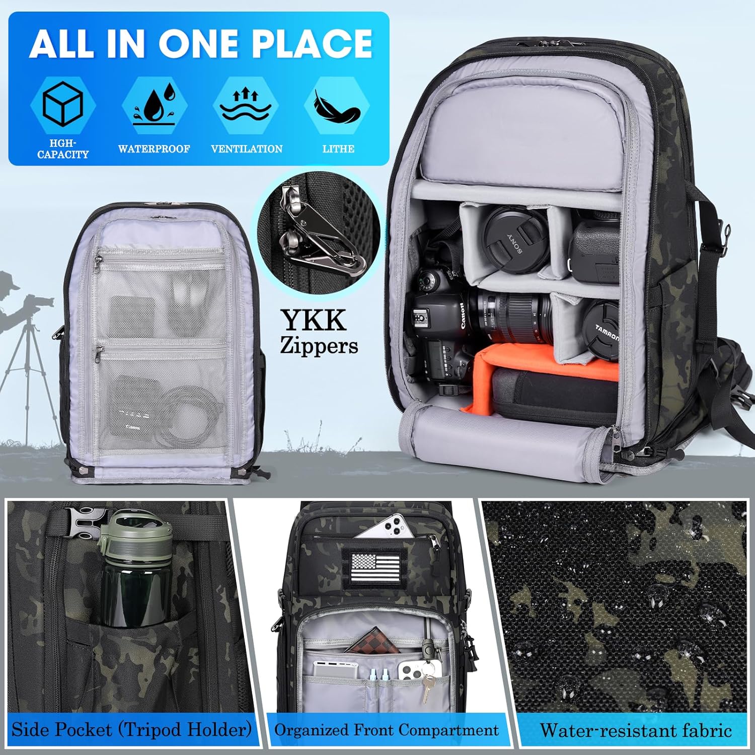 SDYSM Camera Backpack Bag Professional for DSLR/SLR Mirrorless Camera Waterproof 15.6 inch Tactical Camera Bags for Photographers with Rain Cover, Tripod Holder, Small Bag Photography Backpack Case - Image 3