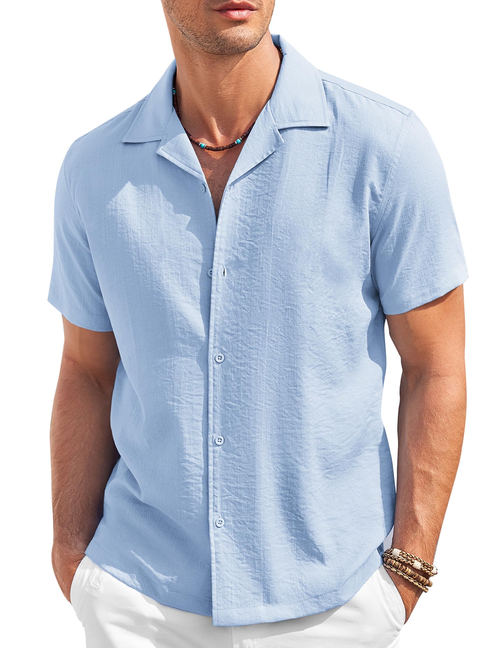 COOFANDYMen's Casual Button Down Shirt Short Sleeve Textured Summer Cuban Beach Shirts