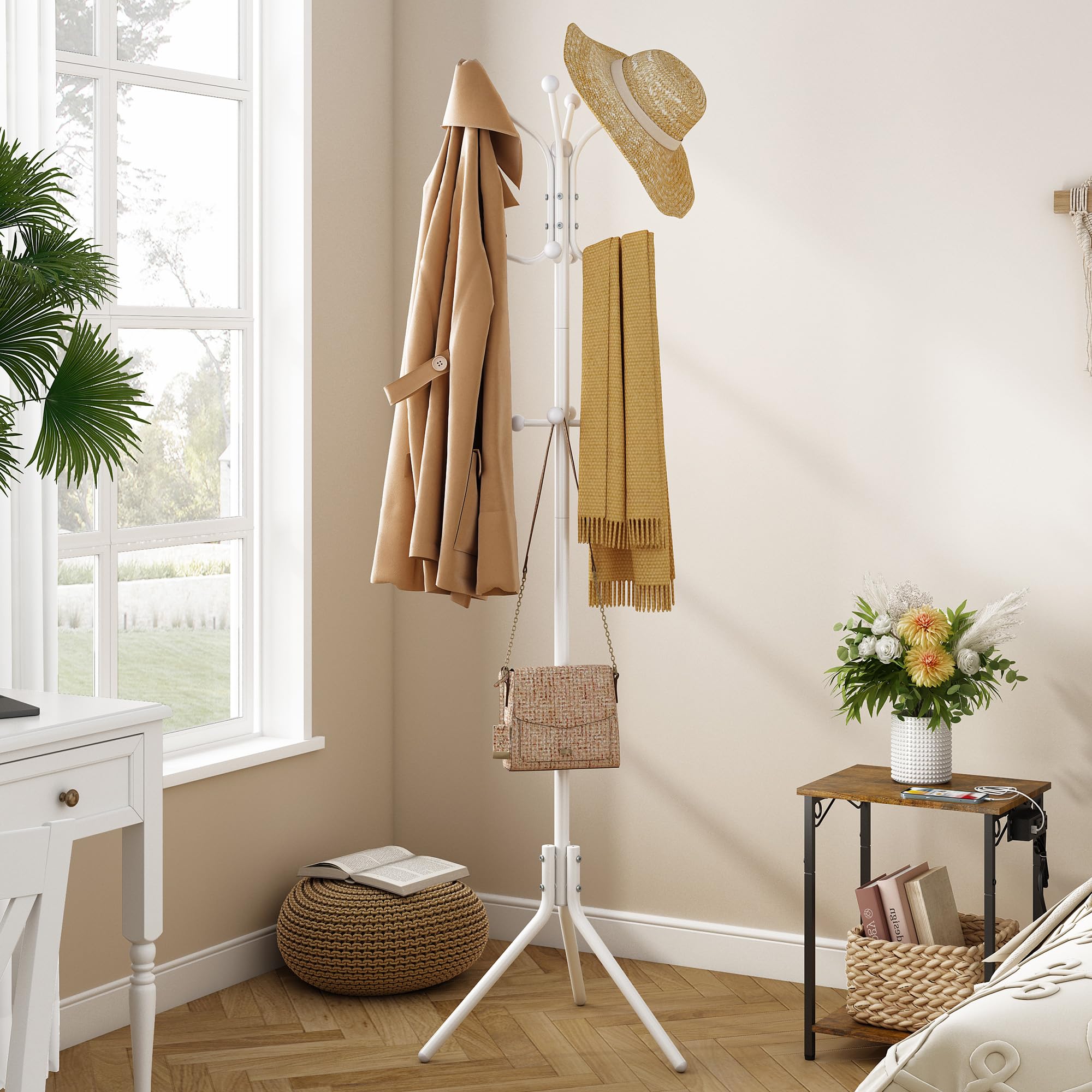 Hoctieon Coat Rack Freestanding, Heavy Duty Coat Hanger Stand with 12 Hooks, Entryway Hall Tree, Floor Standing Coat Rack, Coat Rack Stand, Clothes Rack, Coat Tree, White