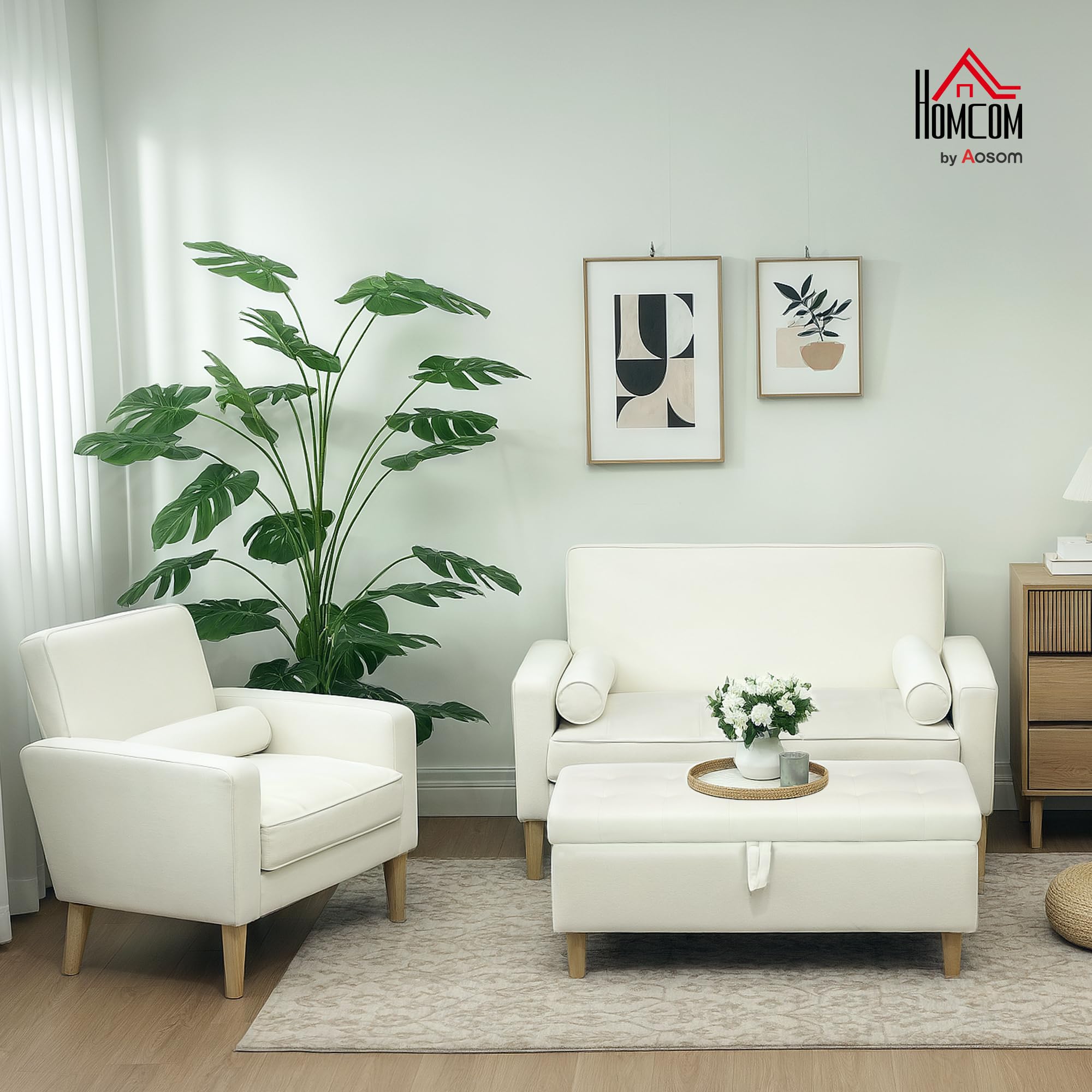 HOMCOM Puff Almacenaje Baúl Tapizado de Terciopelo 100x50x43 cm con Patas de Madera Capacidad 71L Soporta 240 kg Banco Almacenaje para Dormitorio Pasillo Salón Blanco Crema