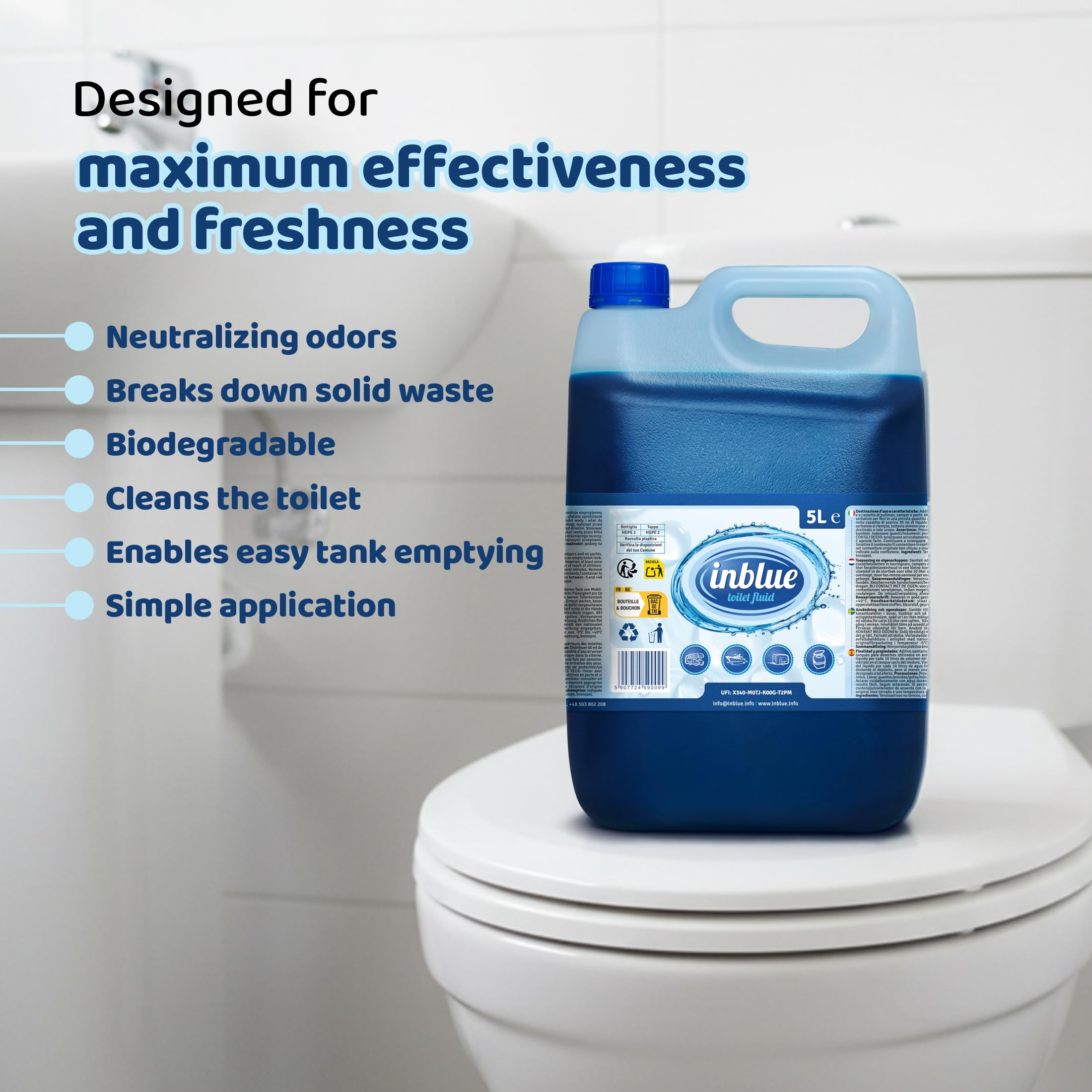 InBlue 5L Liquido Sanitario & Additivo WC da Campeggio 2 in 1 | Chimico WC, Per serbatoio acque chiare & scarico, Camper e roulotte