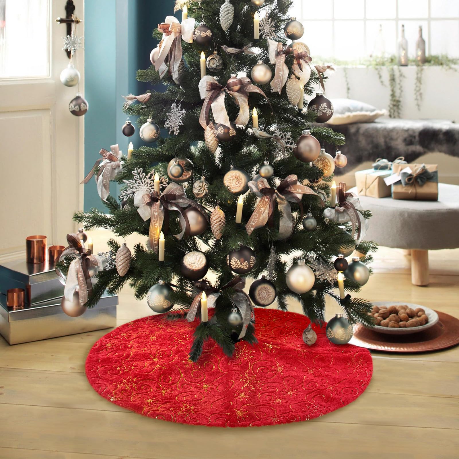 Jupe de Sapin de Noël Rouge KONVINIT - Tapis d'Arbre en Peluche avec Paillettes Dorées 78/90/120cm