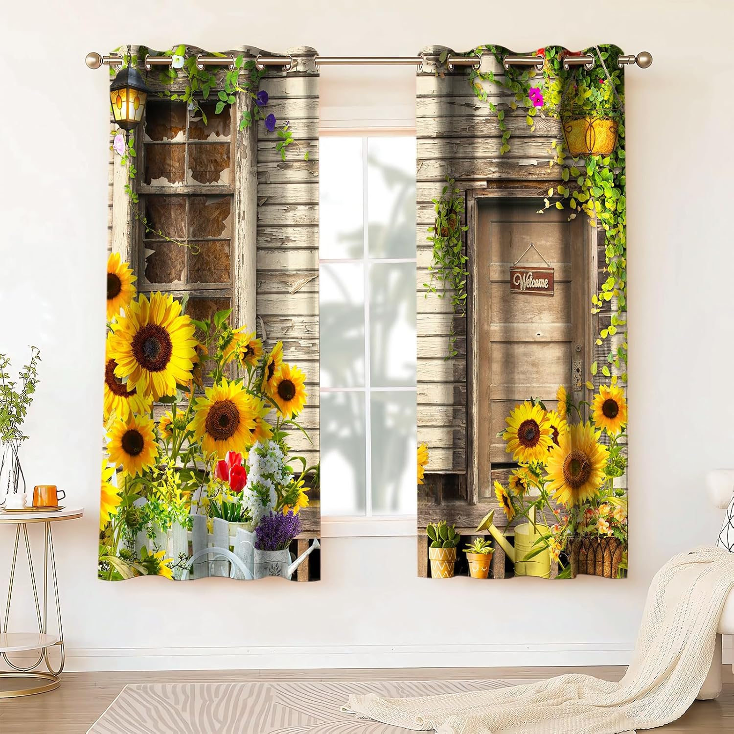 Old Barn Door Sunflower Curtains,Brown Rustic Farmhouse Flower Blackout Curtain, 4263inch Country Floral Drapes for Bedroom Living Room Kitchen Decoration 2Panels HI038YL
