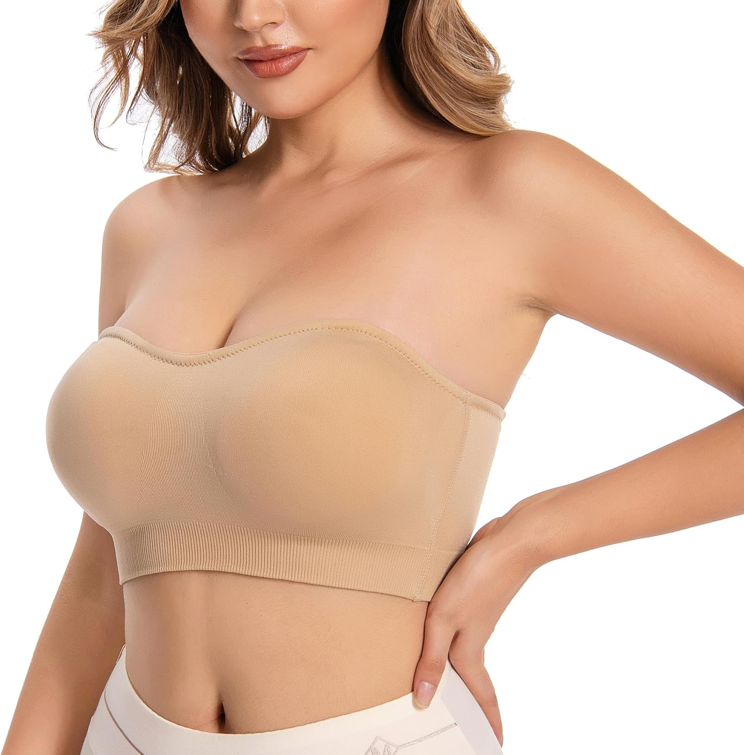 1 Pack Women's Tube Top Bras, Bandeau Padded Bra Plus Size Strapless Bra Summer, Beige-Next-Gen Non-Removable Padding,XXXL