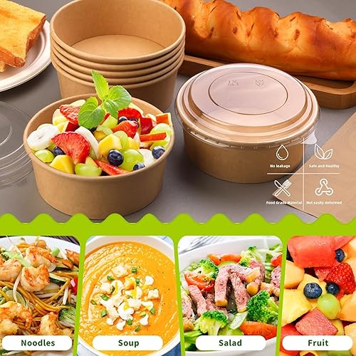 Miniatura 5 de Paquete de 50 cuencos de papel de 25 onzas, recipientes desechables con tapas, cuencos desechables, ensaladeras desechables con tapas para ensalada