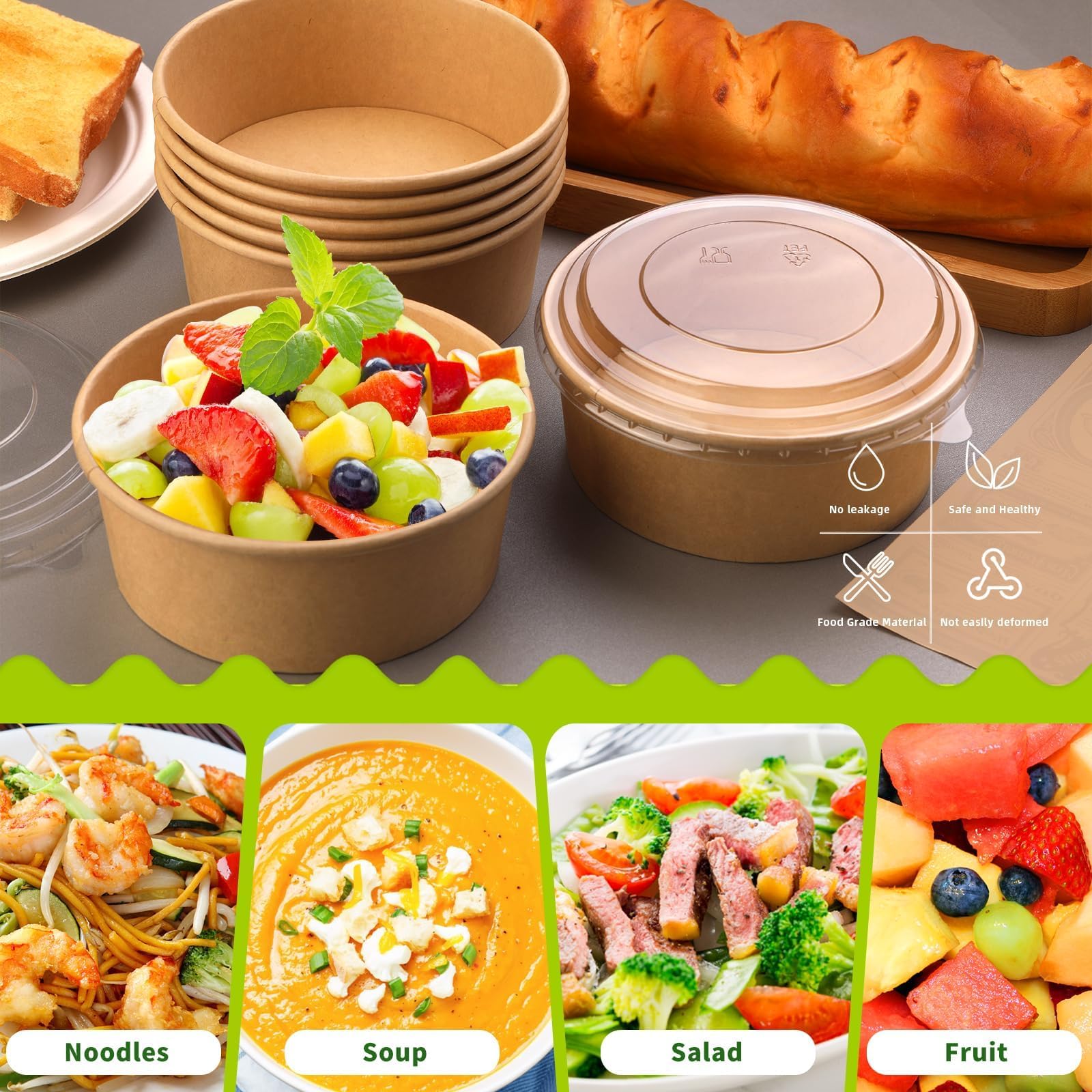 Paquete de 50 cuencos de papel de 25 onzas, recipientes desechables para alimentos con tapas, cuencos desechables, cuencos de ensalada desechables con tapas para ensalada dietética, helado