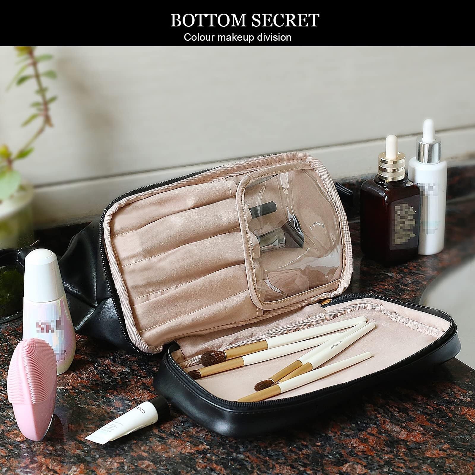 Kosmetiktasche Damen Kosmetiktasche, wasserdichte Kosmetiktasche mit Bodentasche zur Aufbewahrung von Kosmetika auf Reisen Kulturbeutel(Black)