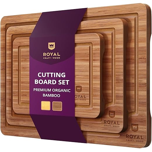 ROYAL CRAFT WOOD Wooden Cutting Boards for Kitchen Meal Prep & Serving - Bamboo Wood Serving Board Set with Deep Juice Groove Side Handles - Charcuterie & Chopping Butcher Block for Meat (3 Pcs)