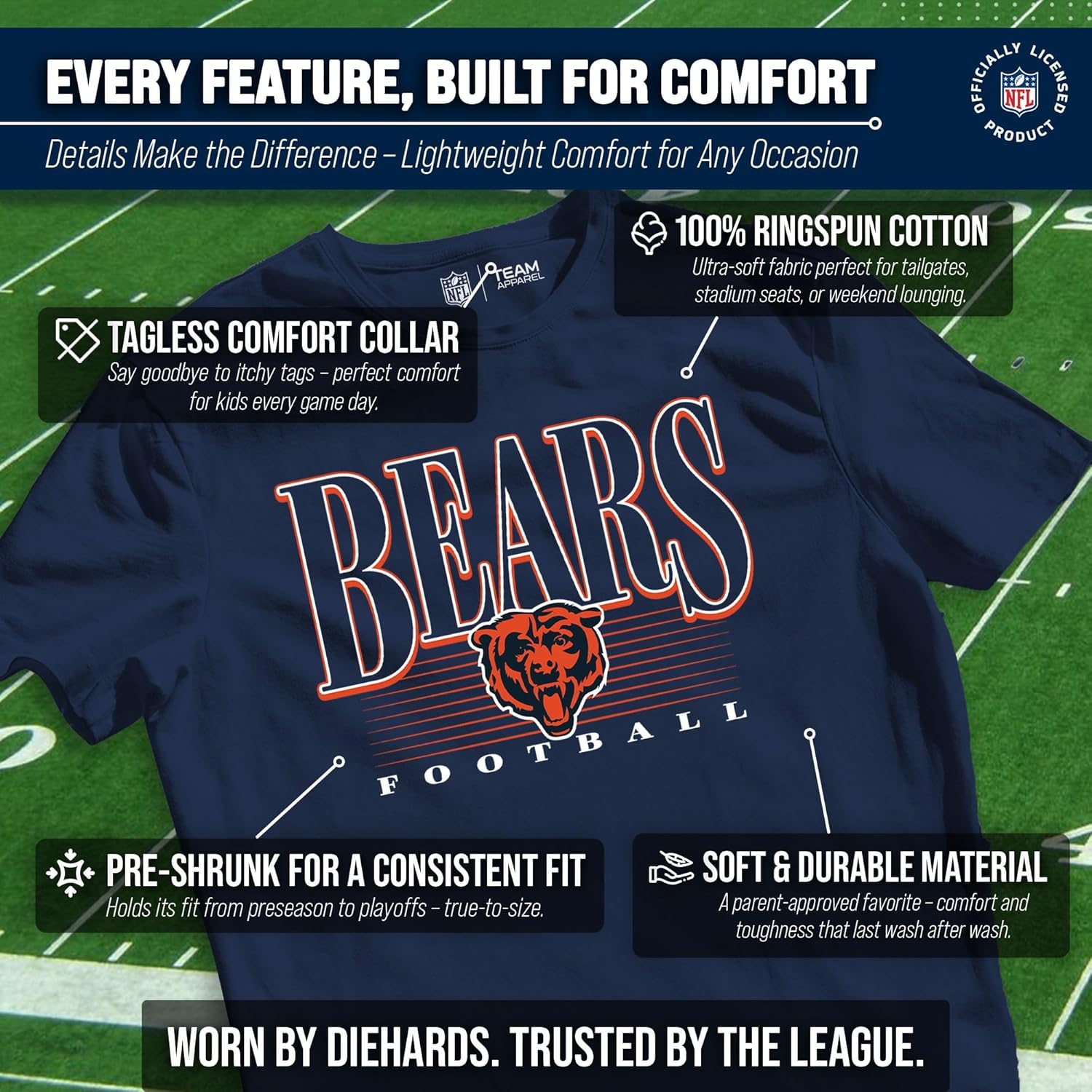 Team Fan Apparel NFL Youth Overtime Blueprint Football T-Shirt Unisex Tag Free Comfortable, Boys & Girls, Lightweight Soft - Image 3