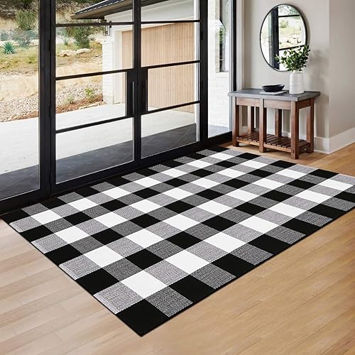 YINMEIJU Buffalo - Alfombra a cuadros de 3 x 5 pies, color blanco y negro, tapete para puerta delantera, de algodón, lavable, para porche delantero,
