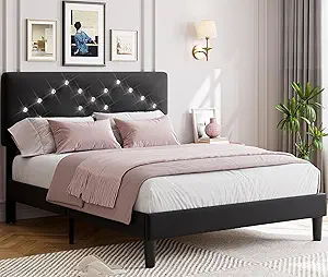 GAOMON Full Size Bed Frame with Headboard, Upholstered Platform Bed Frames Full Size with Crystal Diamond Tufted for Girls/Kids Easy Assembly, Wooden Slats Support, No Box Spring Needed, Black