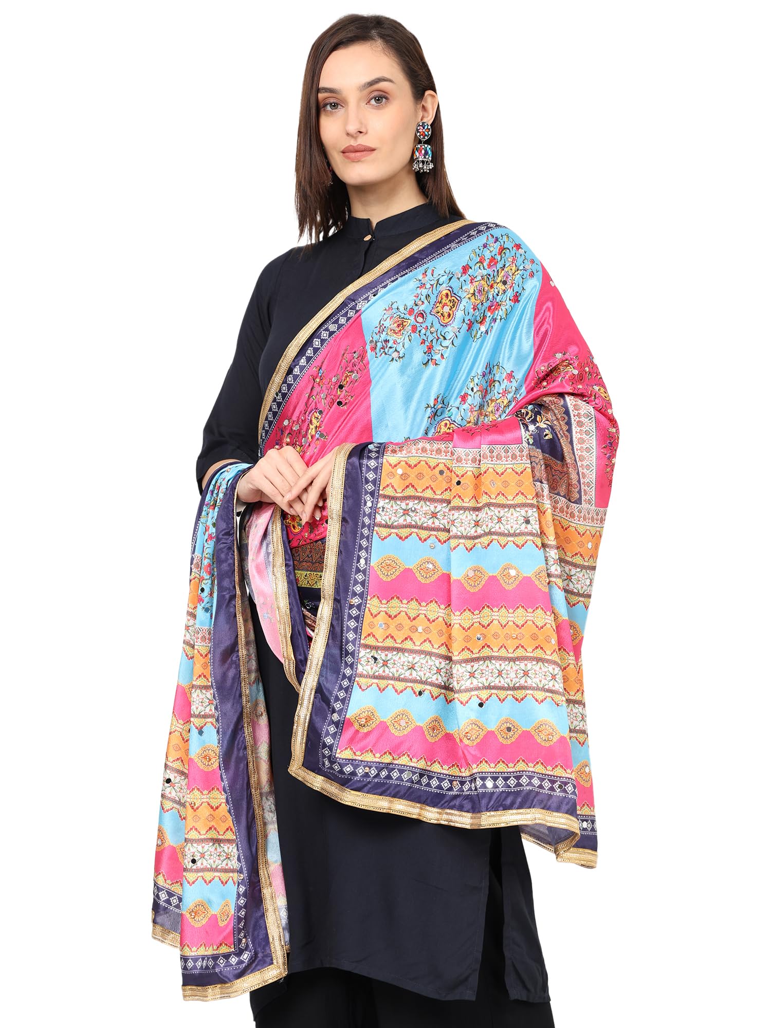 Weavers Villa Women's Poly Silk Digital Graphic Printed Mirror Work Ethnic Dupatta, Chunni, 2.20 Mtrs