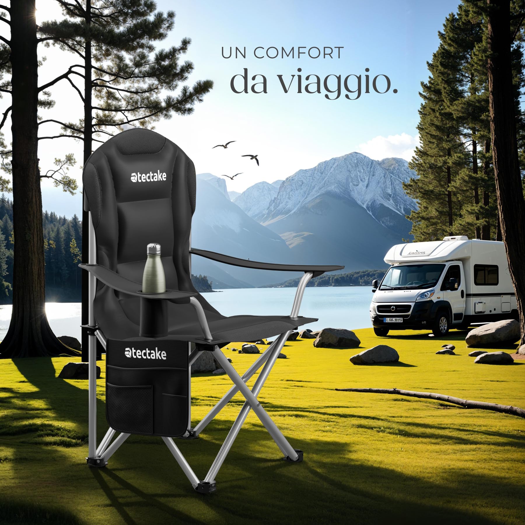 tectake® Sedia da Campeggio Imbottita, Pieghevole, Portabicchieri, Tessuto Oxford 600D Idrorepellente, Struttura in Acciaio, Piedini Antiscivolo e Antigraffio, Tasca Laterale, Borsa per il Trasporto